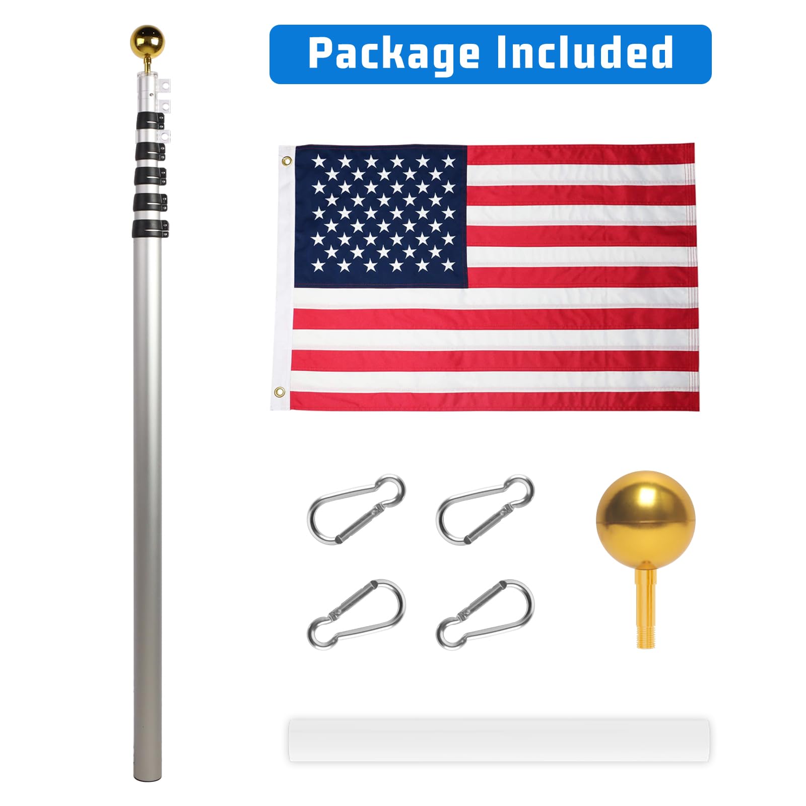 NELXINJO 20ft Telescopic Flag Pole - Extra Thick Outdoor Telescoping Flag Poles with 3x5 American Flag for Residential or Commercial,Black