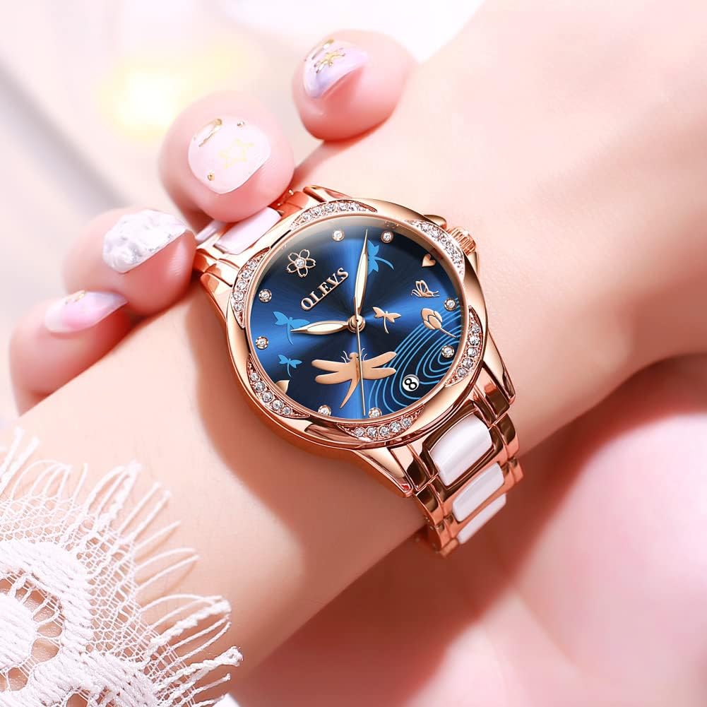 OLEVS Orologio da donna automatico alla moda con cinturino in ceramica analogico con diamanti eleganti in acciaio inossidabile con data oro rosa orologio da polso da donna