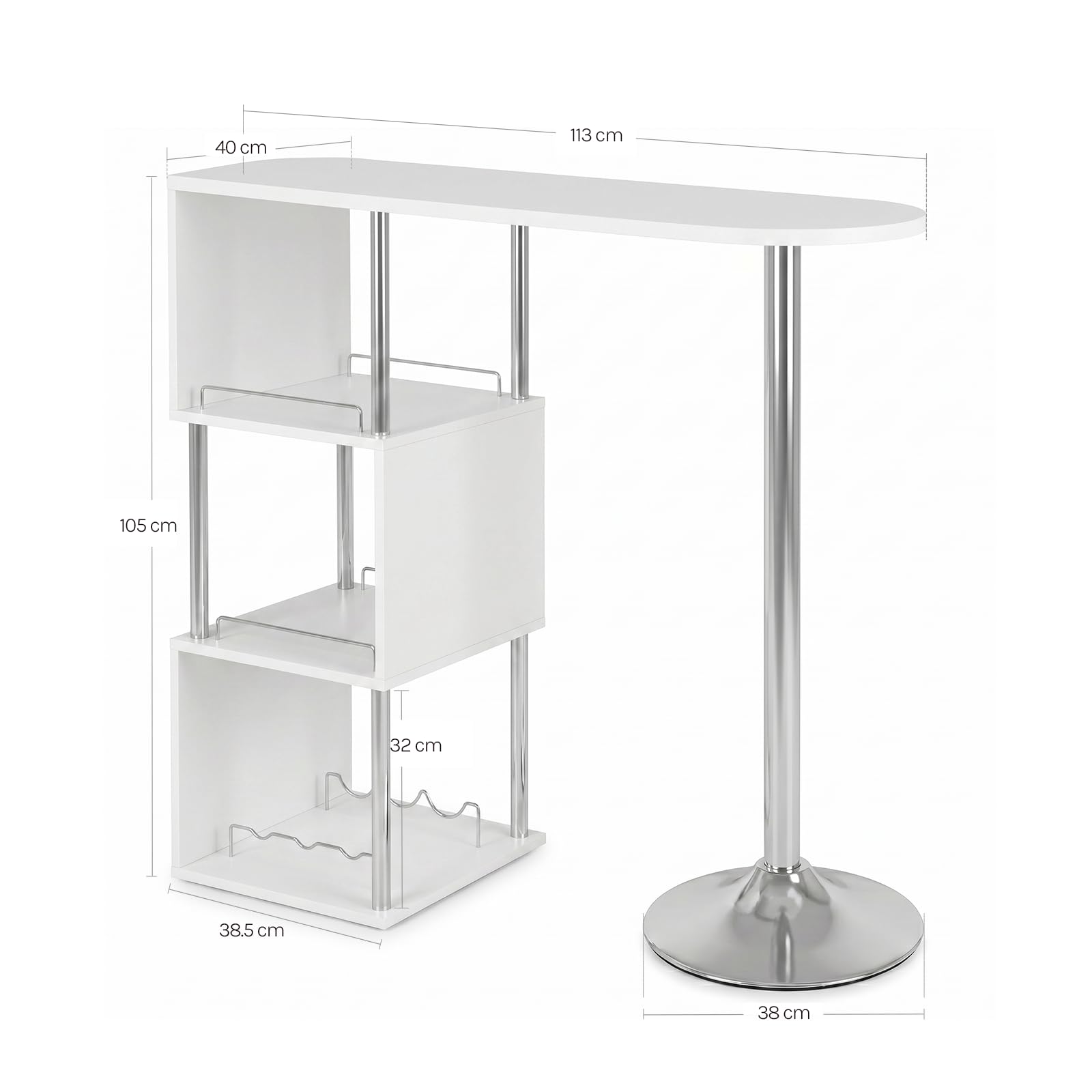 WOLTU S-förmiger Bartisch mit Stauraum, Stehtisch mit Weinregale, Bistrotisch aus Metall & Holz, Bartheke Tresentisch für Küche Bar Wohnzimmer, 113 x 40 x 105cm, Weiß