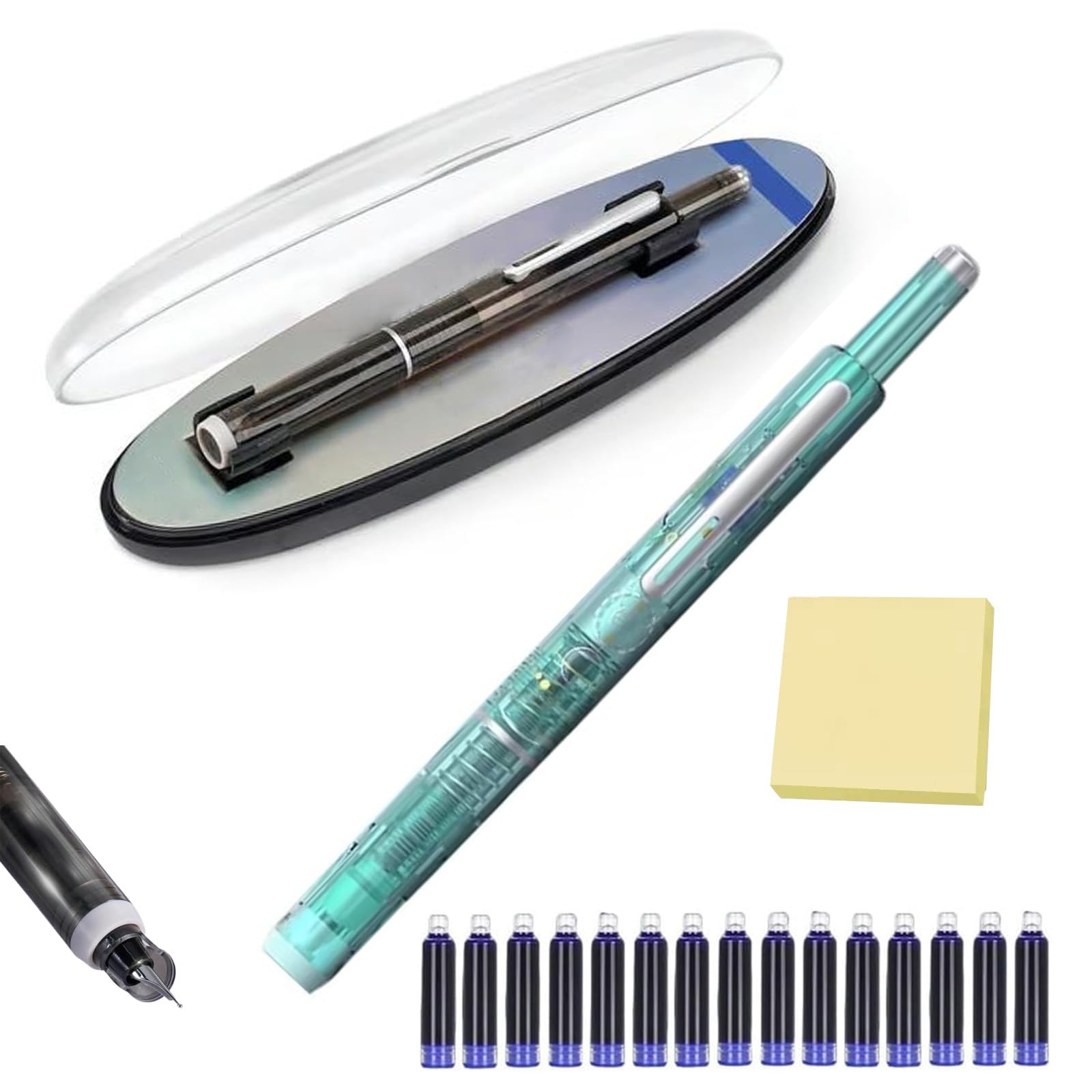 Retractable Fountain Pen, Fountain Pen Retractable:0.38mm Blue&Black Ink Transparent Barrel Includes 15 Refillable Ink Cartridges, for Smooth Writing No Leaking (Green,Blue)