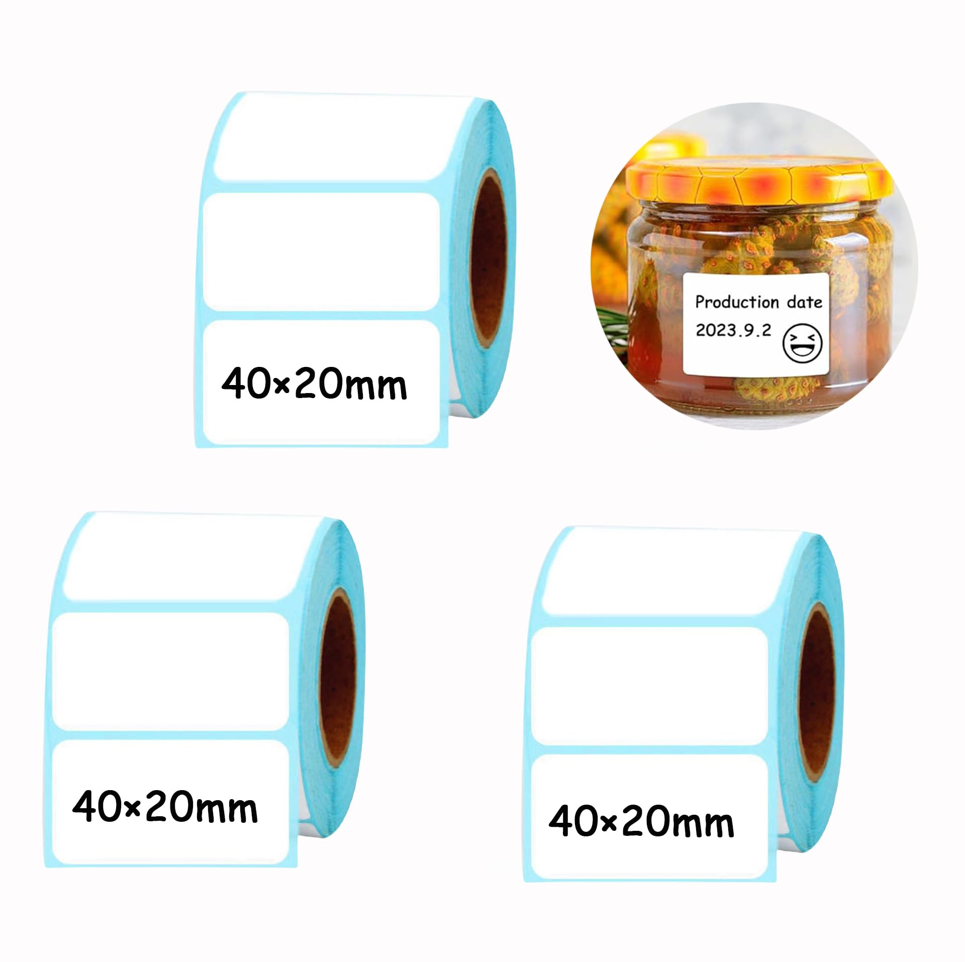 Firavggu 3 Roll Self Adhesive Label Sticker 40x20mm Thermal Label Barcode Printing Sticker Roll Self Adhesive Food Jars Labels White Blank Thermal Sticky Address Label for Office Kitchen(1000pcs/Roll)