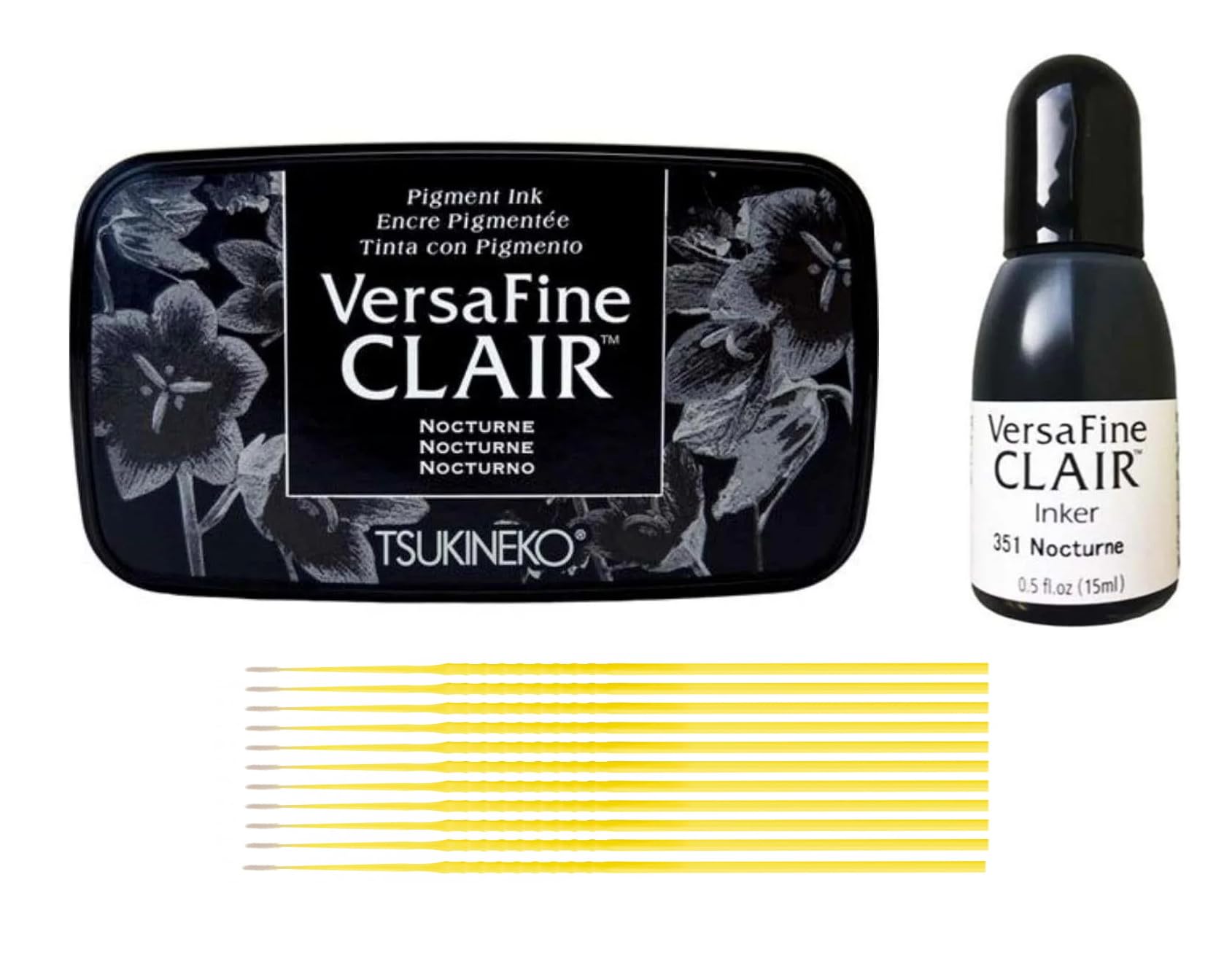 Tsukineko VersaFine Clair Bundle - Nocturne Black Versafine Clair Full-Size Inkpad with Versafine Clair Re-Inker and Trebbies Fine Detail Sticks