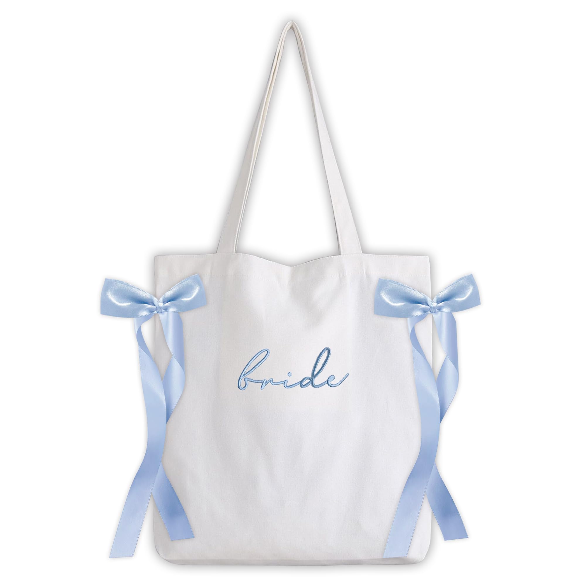 LADY & HOME Bride Tote Bag Blue Satin Bows Bag for Bridal Shower Wedding Honeymoon Gifts