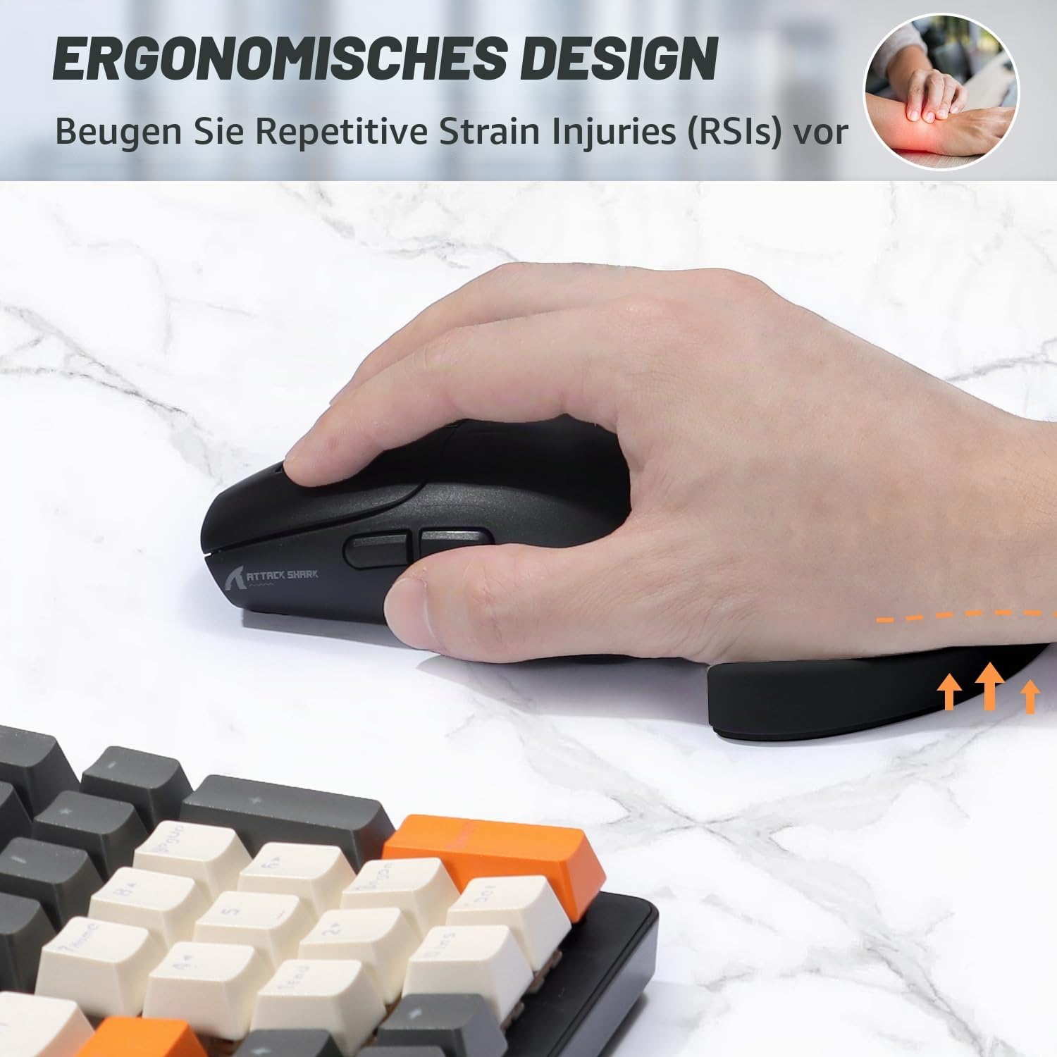 ATTACK SHARK Silikon-weiche Handgelenkauflage,Ergonomische Handgelenkstütze,Verhindert RSI, Glattes Gleiten, Erhöht die Präzision und Genauigkeit,Leicht, Tragbar-Schwarze Rechte Hand