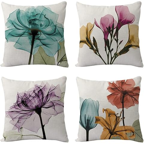 GLUDEAR Decorative Ink Floral Flower Pillow Covers 18 x 18, Blue Pink Purple Green Yellow Decor Flower Throw Pillow Covers Set of 4 Linen Cushion Case for Room Couch Sofa Home Cover
