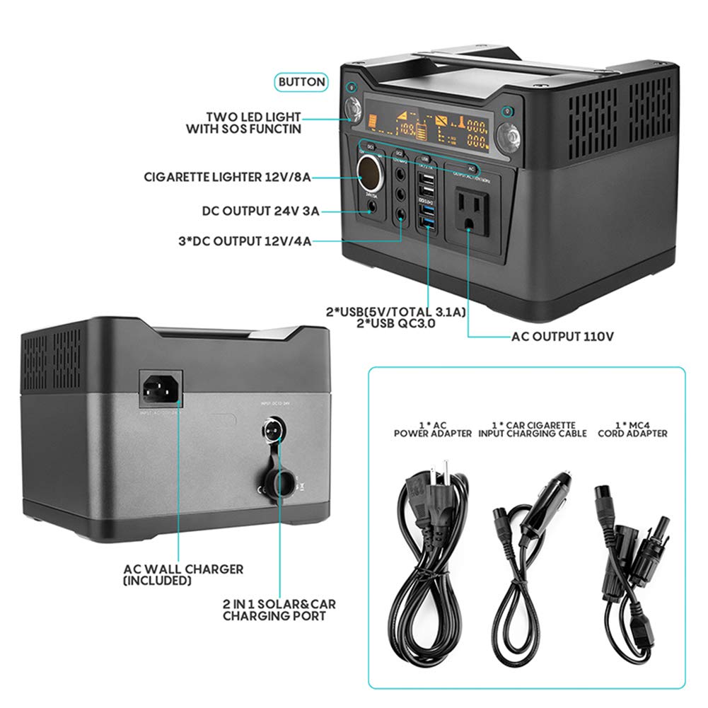 Central eléctrica portátil de 288Wh Batería de Litio Generador Solar de 300W con tomacorriente de 110V AC, QC3.0 USB, 12V / 24V DC, Linterna LED, para el hogar, al Aire Libre, Camping, Pesca