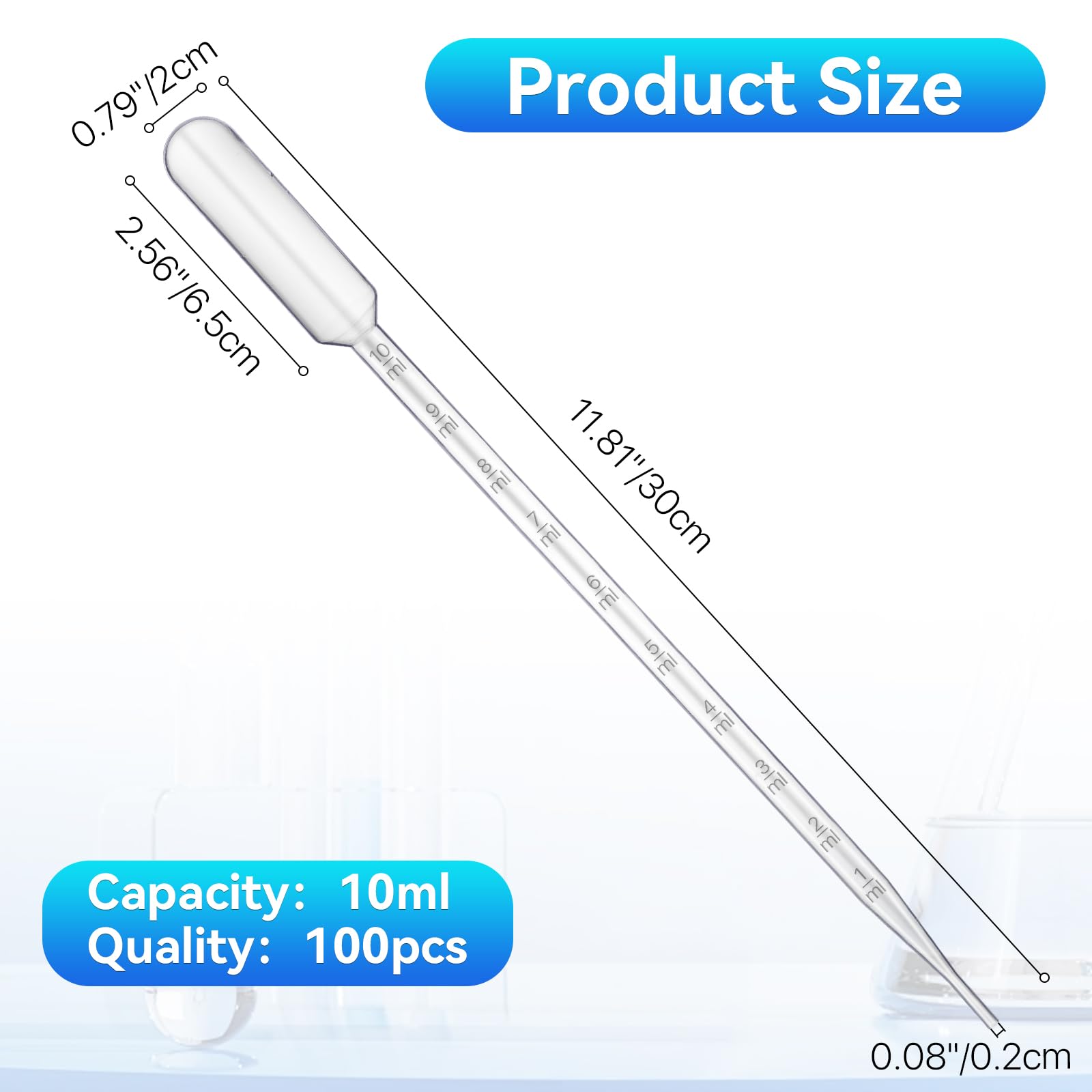 100 pipetas cuentagotas de 10 ml, pipetas de transferencia de plástico de 30 cm de largo, pipetas graduadas transparentes para transferir esenciales, aceites, perfumes, pinturas, laboratorio