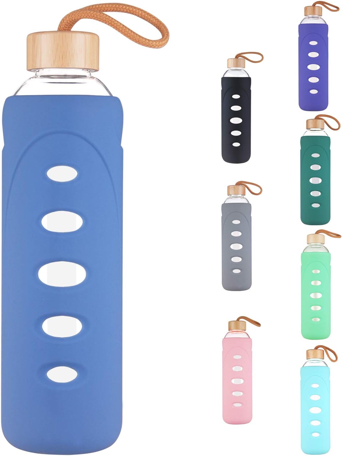 DEARRAY Sport Borosilicate Glass Water Bottle with Protective Silicone Sleeve and Unique Bamboo Lid 32oz Royal Blue