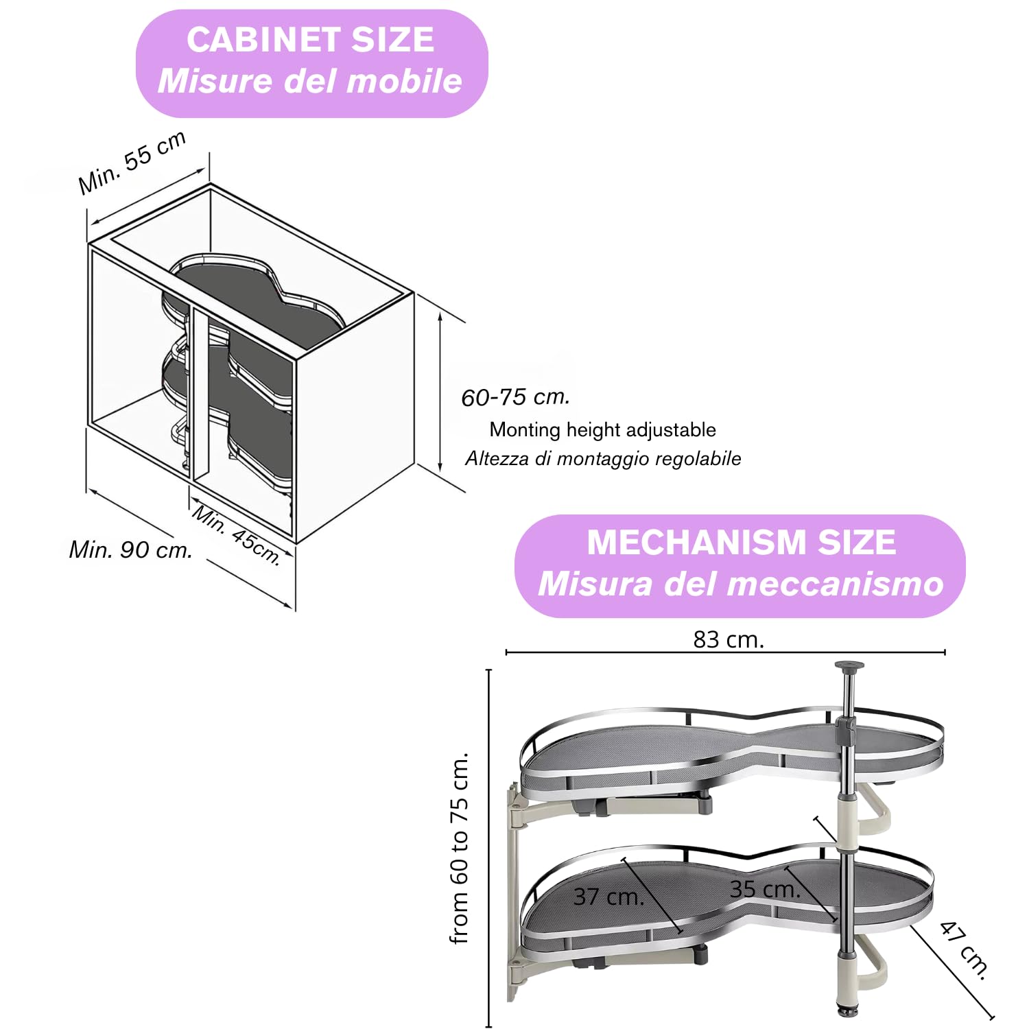 Evotrade Mecanismo angular de frijol para base de cocina, cesta extraíble amortiguada con 2 niveles, rotación de 270°, capacidad de carga de 40 kg, para mueble de esquina (puerta izquierda)