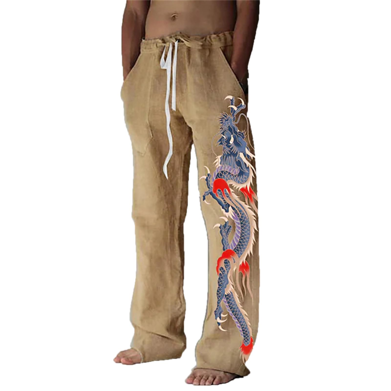 Keepmore Men's # 2 Pajamas Pants Dragon Print Wide Leg Pants Sleepwear Casual Loose Palazzo Lounge Pants