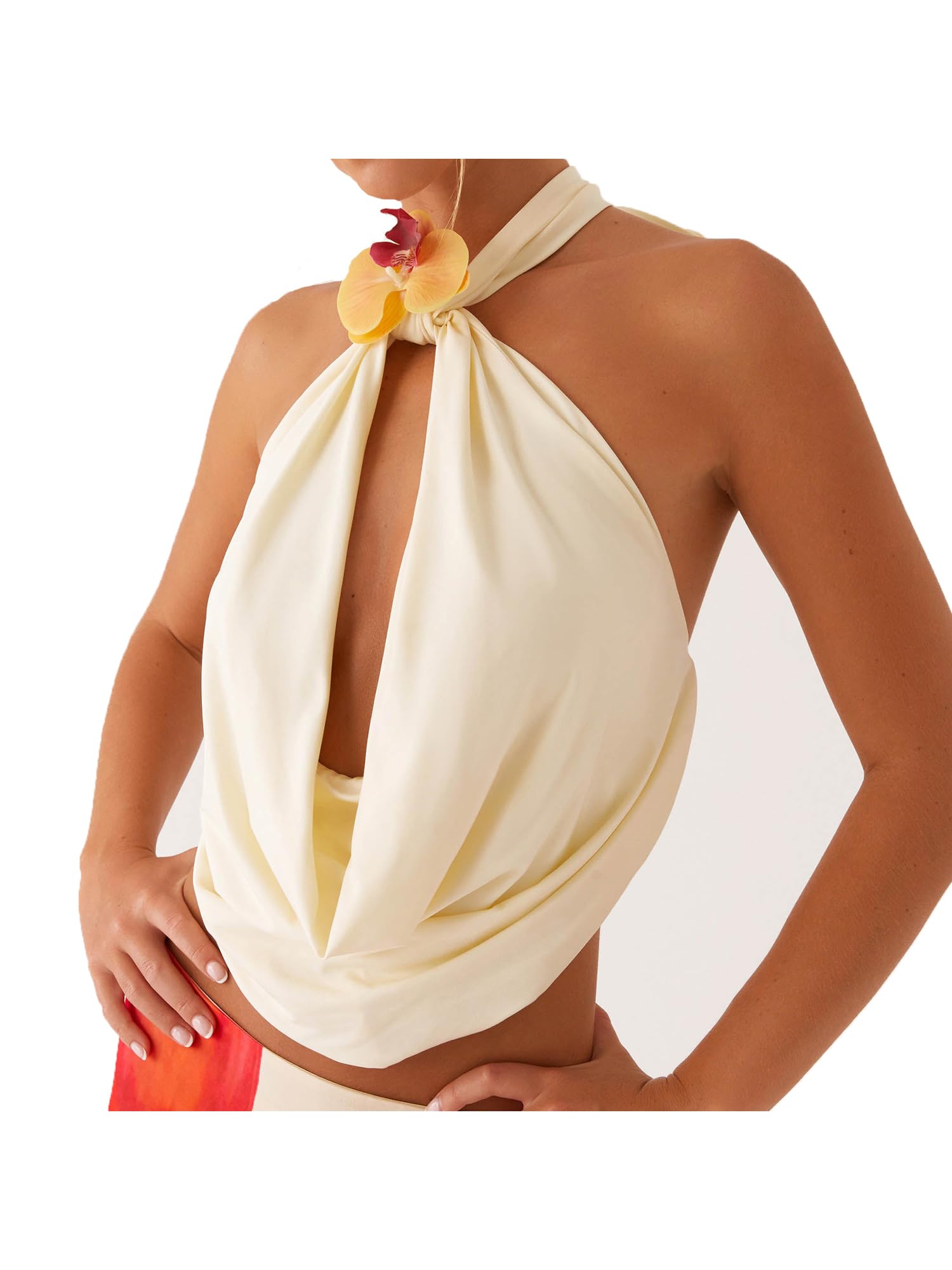 Acrawnni Women Backless Halter Neck Cami Tops Sleeveless Open Back Deep V Neck Slim Fit Tank Tops Y2K Summer Clubwear (F-Ivory, L)