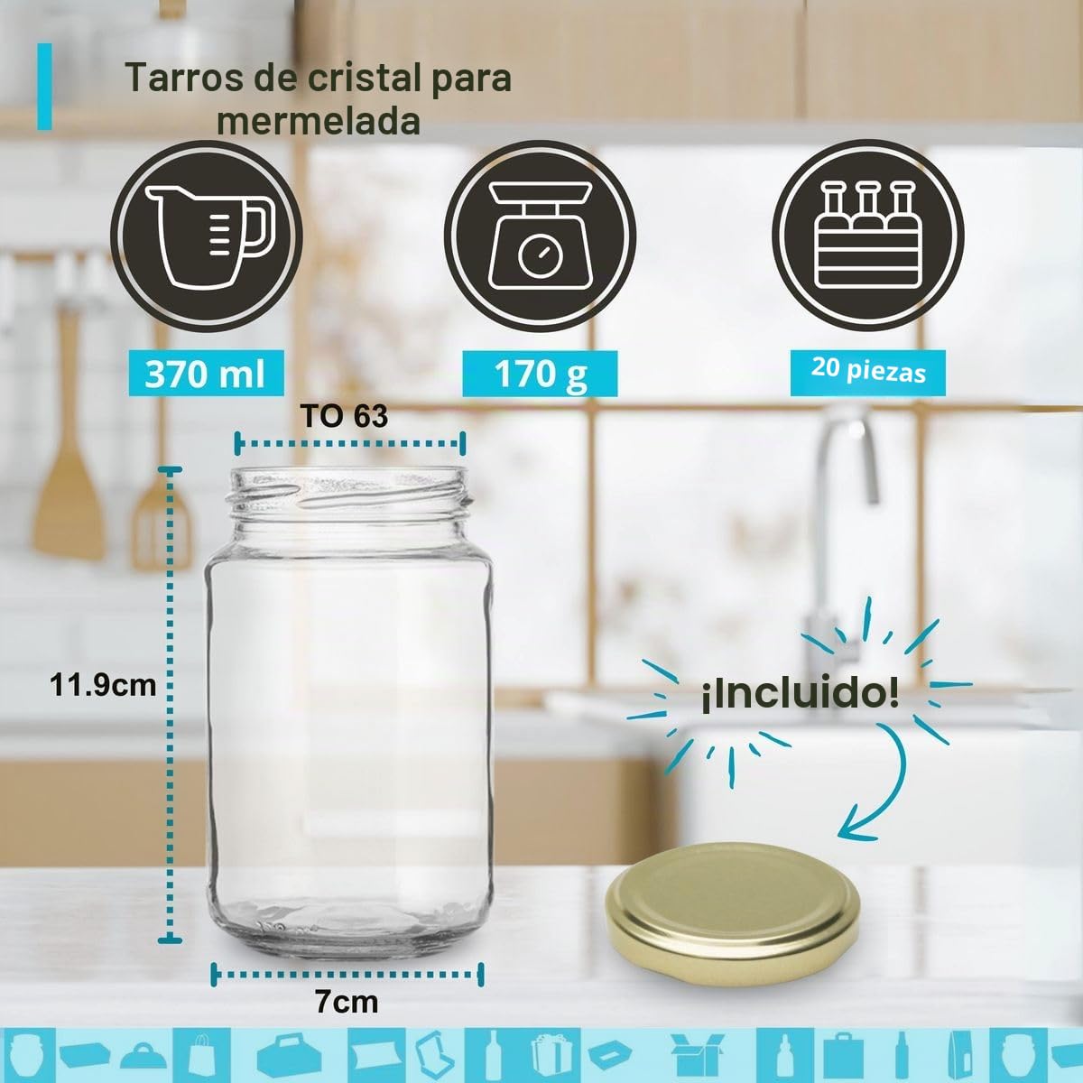 Espirito Rebelde - Lote de 20 tarros de cristal vacíos de 370 ml con tapa - tarros para conservación, mermelada, conservas, miel y especias | Regalo de boda