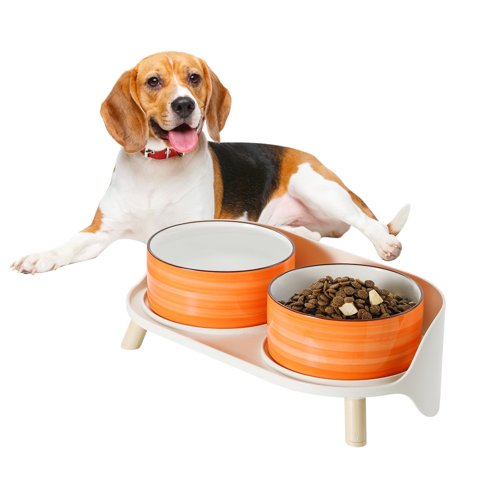 Comedero Perro Elevado Ceramica Doble - Juego de Cuenco Perro Espiral con Soporte Antisalpicaduras - Comederos Perros para Comida y Agua - Apto para Perros Pequeños y Medianos - 2 x 650 ml - Naranja