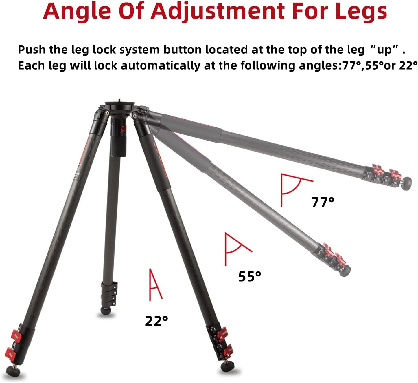 Diagram showing the three adjustable leg angles (22, 55, 77 degrees) of the IFOOTAGE Gazelle TC7 tripod.