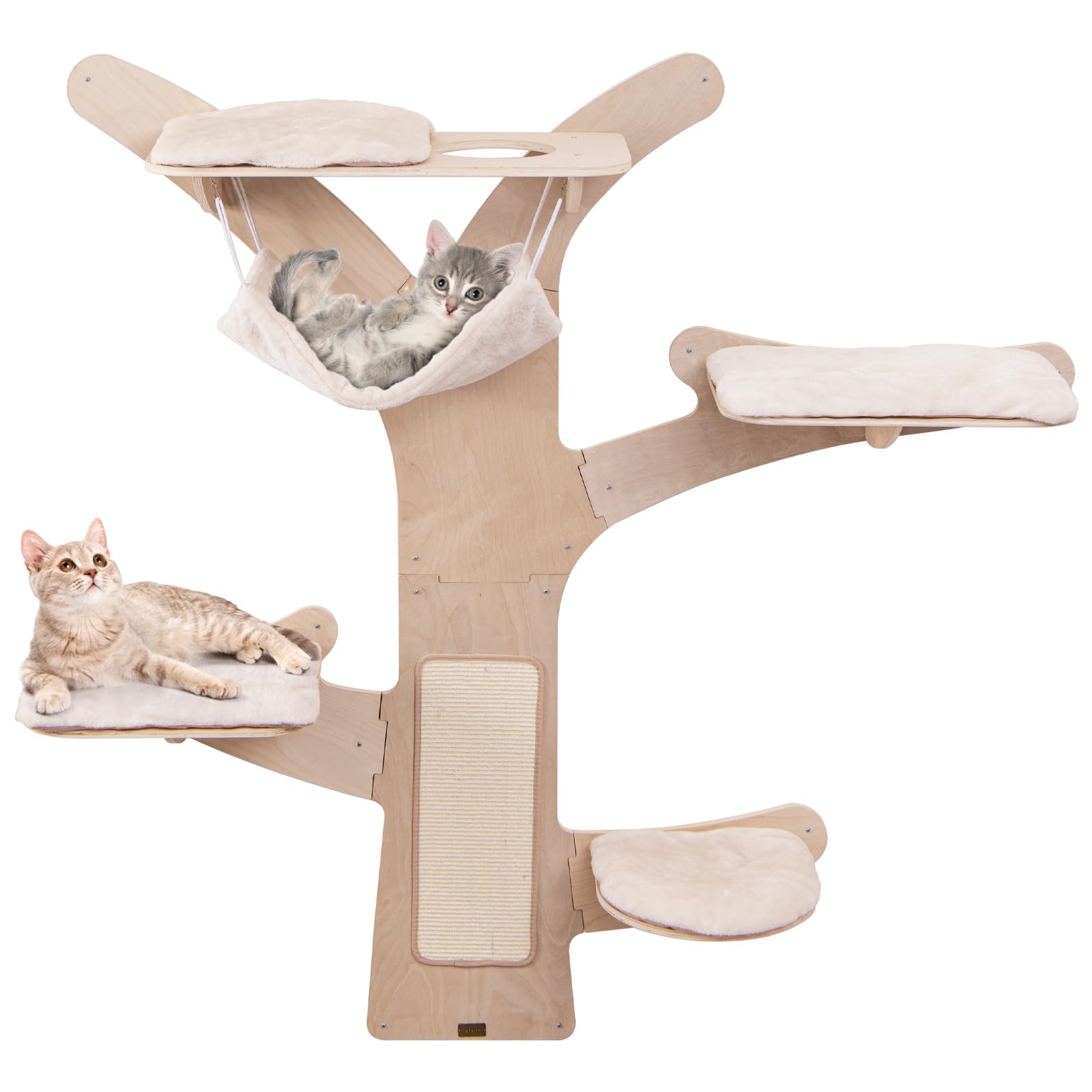 GYMAX Kletterwand Katzen, Katzenwand mit Hängematte, 4 Plattformen & Sisalpfosten, Kratzbaum mit weichen & waschbaren Kissen, baumförmige Katzenmöbel Wandmontage für Hauskatzen