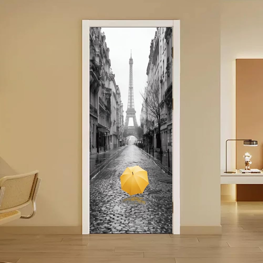 arricraft 2 Sheets French Tower Self-Adhesive Door Sticker, 80cmx200cm/31.5x78.7inch Street Building Umbrellas Door Murals Stickers PVC Removable Wallpaper Decoration for Bedrooms ​Living Room