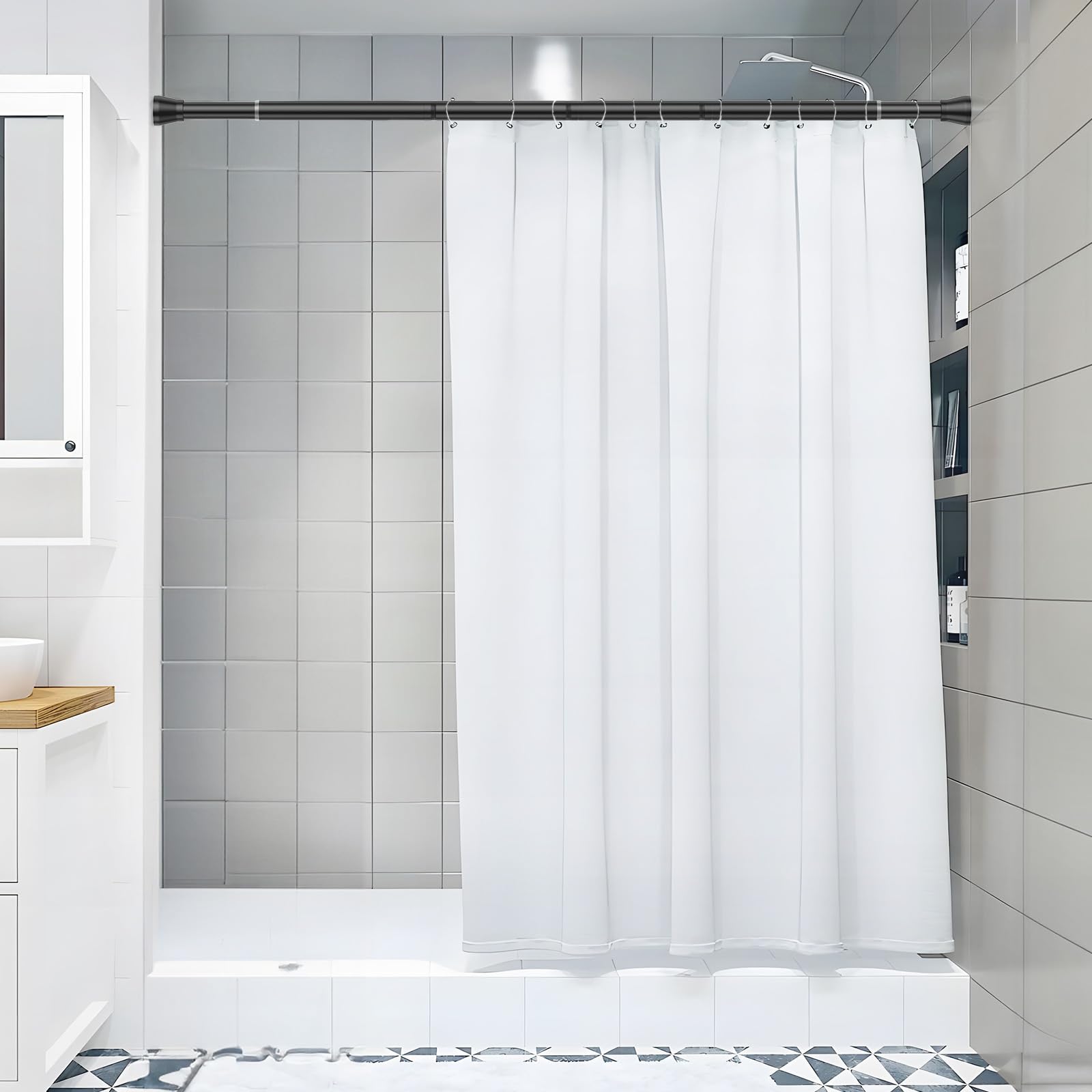 Black Shower Curtain Pole Extendable Curtain Poles 115-195 cm Net Curtain Rod Tension Rods for Curtains Shower Curtain Rod Telescopic Curtain Pole No Drilling Spring Rod for Windows,Bathroom - Image 4