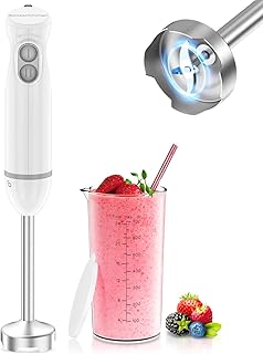 Bonsenkitchen 2-in-1 Hand Blender, 1000 W, Stainless Steel, 2 Speed, with 700 ml Measuring Cup and Lid, for Porridge, Sou…
