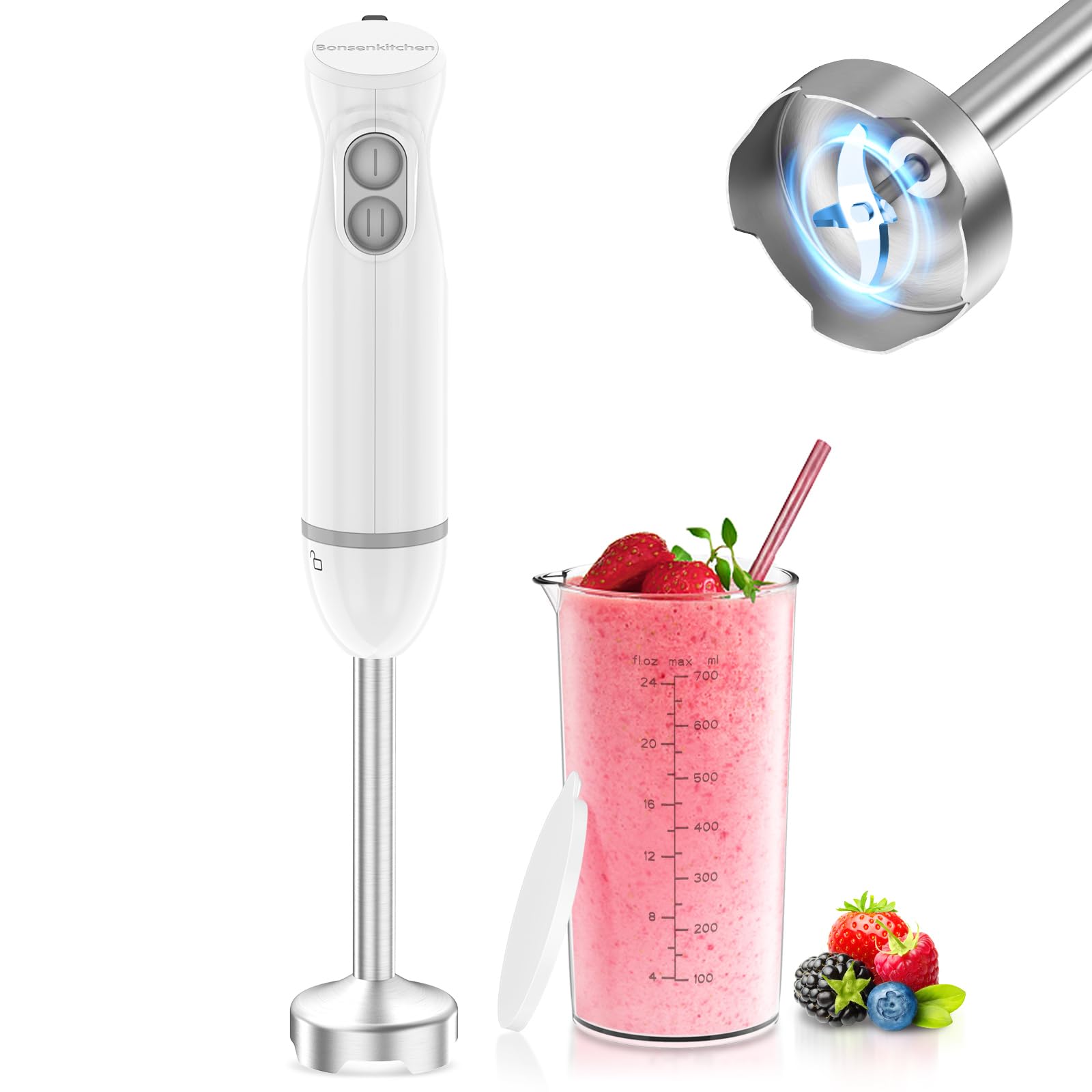 Bonsenkitchen Frullatore a Immersione 2 in 1, 1000 W, Frullatore in acciaio inox, 2 Velocità, con Misurino da 700 ml con Coperchio, per Pappe, Zuppe, Frullati, Puree