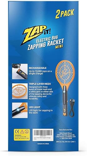 Miniatura 8 de Zap It Bug Zapper - Raqueta mata mosquitos recargable de 4000 voltios, cable de carga USB, Paquete de 2