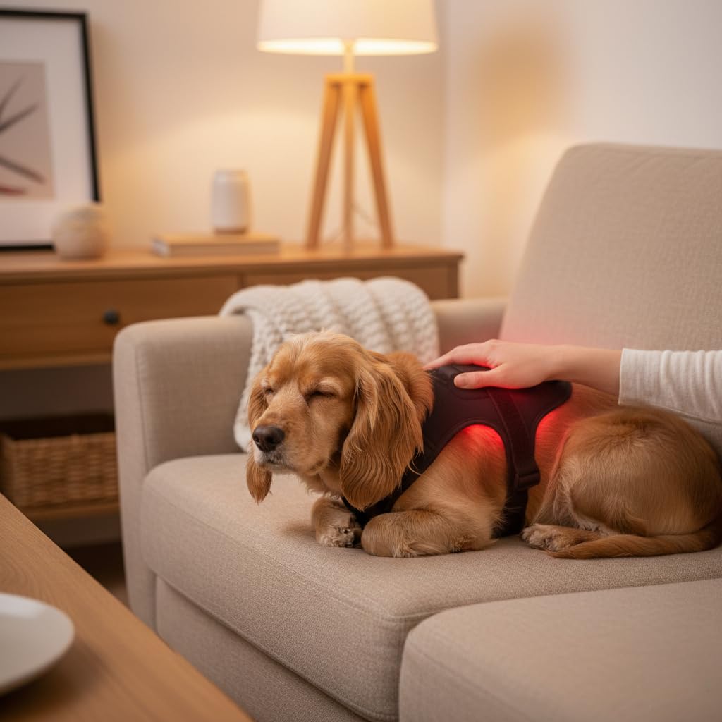 Infrarot-Hundegeschirr 660nm/850nm Rotlichttherapie für Hunde & Katzen, Verstellbarer Reha-Therapiegurt gegen Gelenkschmerzen, Arthritis & Wundheilung, sicheres USB-Heizkissen (schwarz)