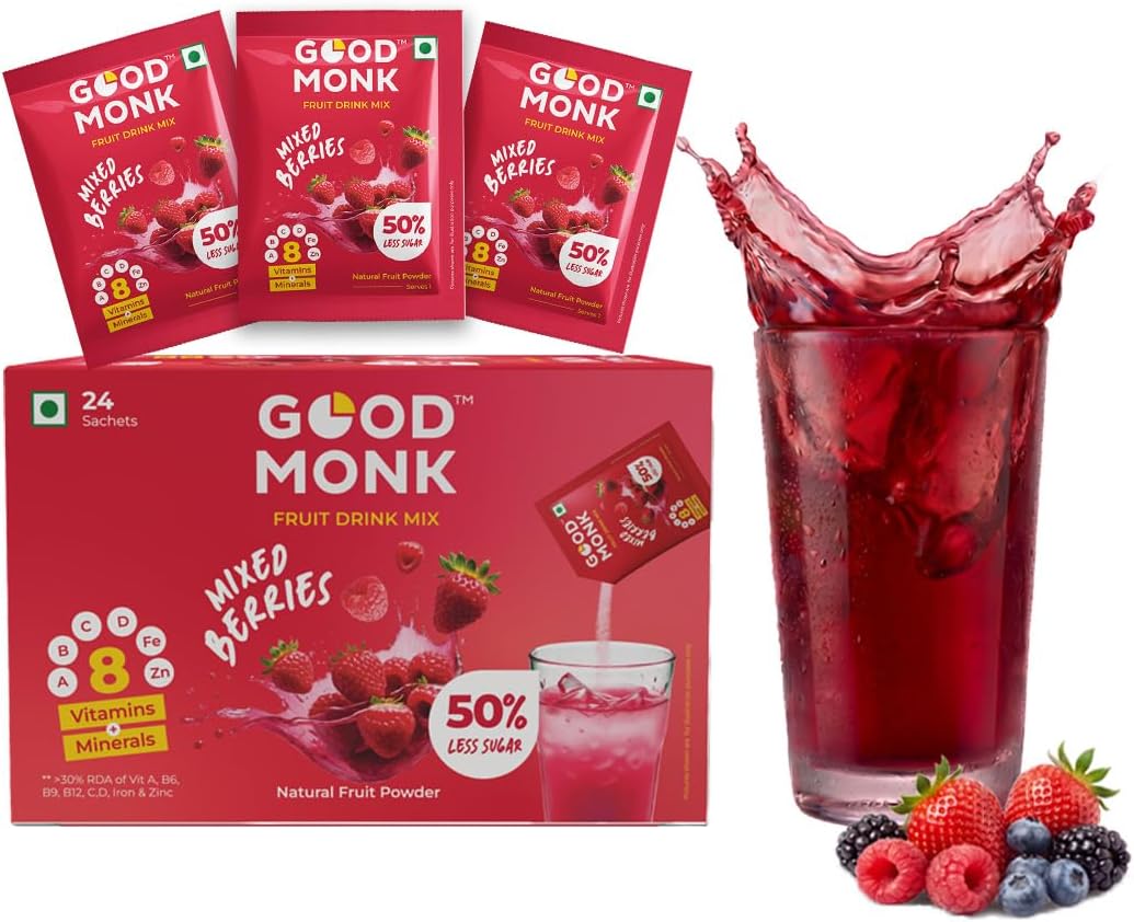 Good Monk Fruit Drink Mix (Natural Mixed Berries Powder), 50% Less Sugar with 8 Vitamins & Minerals (Vitamin B12, C, D, Iron & more) | Tasty & Healthy Mix for Hydration, Energy, Immunity, 24 Sachets