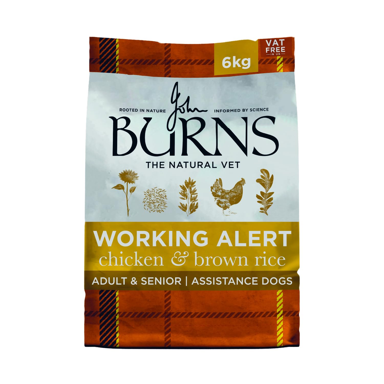 Burns Working Alert Assistance Dog – Dry Dog Food – Adult & Senior – Chicken & Brown Rice 6kg – Complete Food - Made with Natural Ingredients - Hypoallergenic - Single-Source Protein