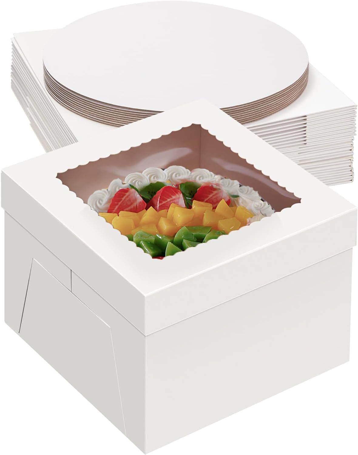 Defresit 16Pack 12x12x8inch Cake Boxes with Boards, 8Pcs Cake Boxes & 8Pcs Cake Boards, Sturdy White Packaging for Transporting & Displaying Cakes, Desserts, and Fathers day