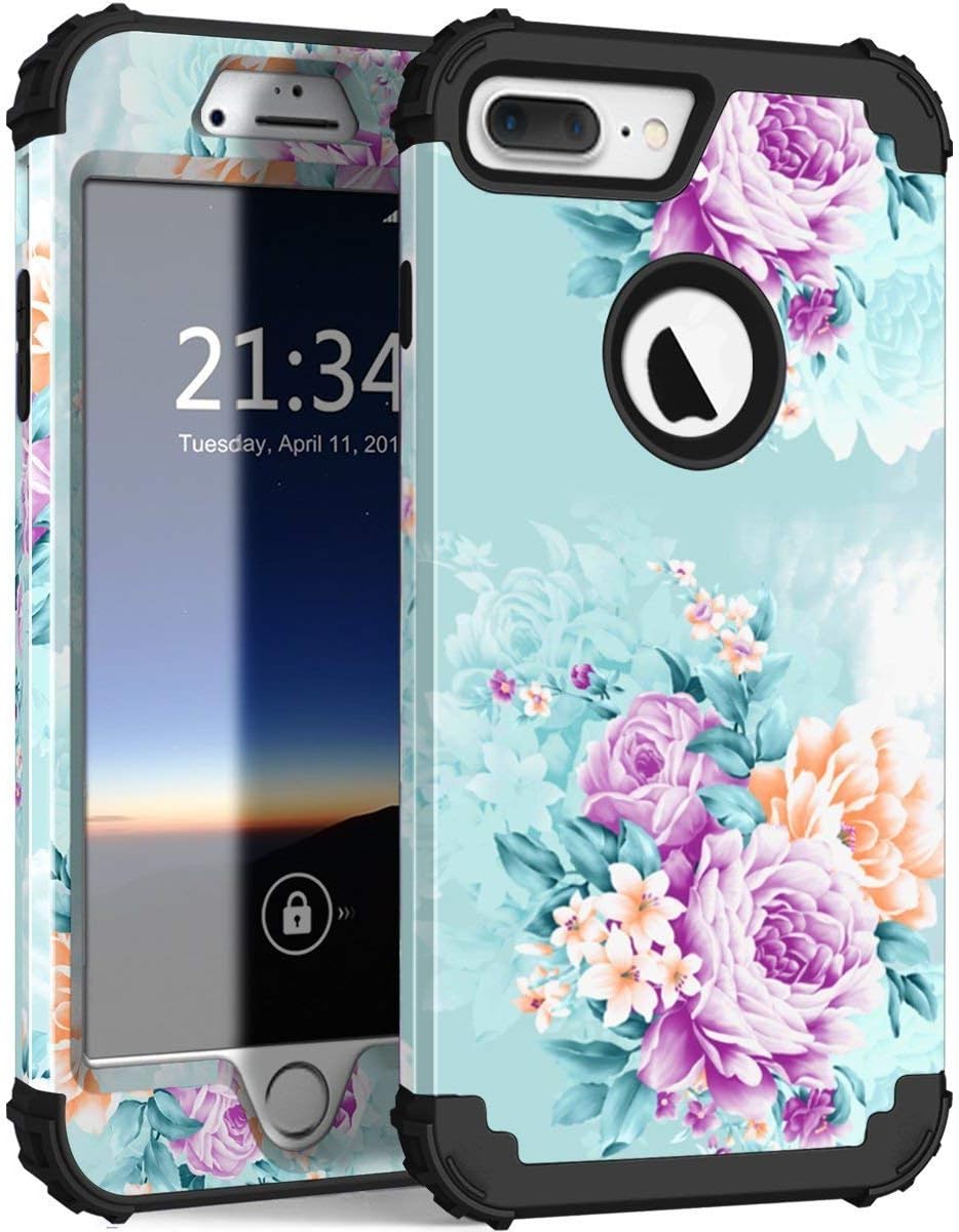 PIXIU Compatible with iPhone 8 Plus Case/iPhone 7 Plus case, Three Layer Heavy Duty Hybrid Sturdy Armor Shockproof Protective Phone Cover Cases for Apple iPhone 8 Plus/7 Plus 5.5inch (Peonies)