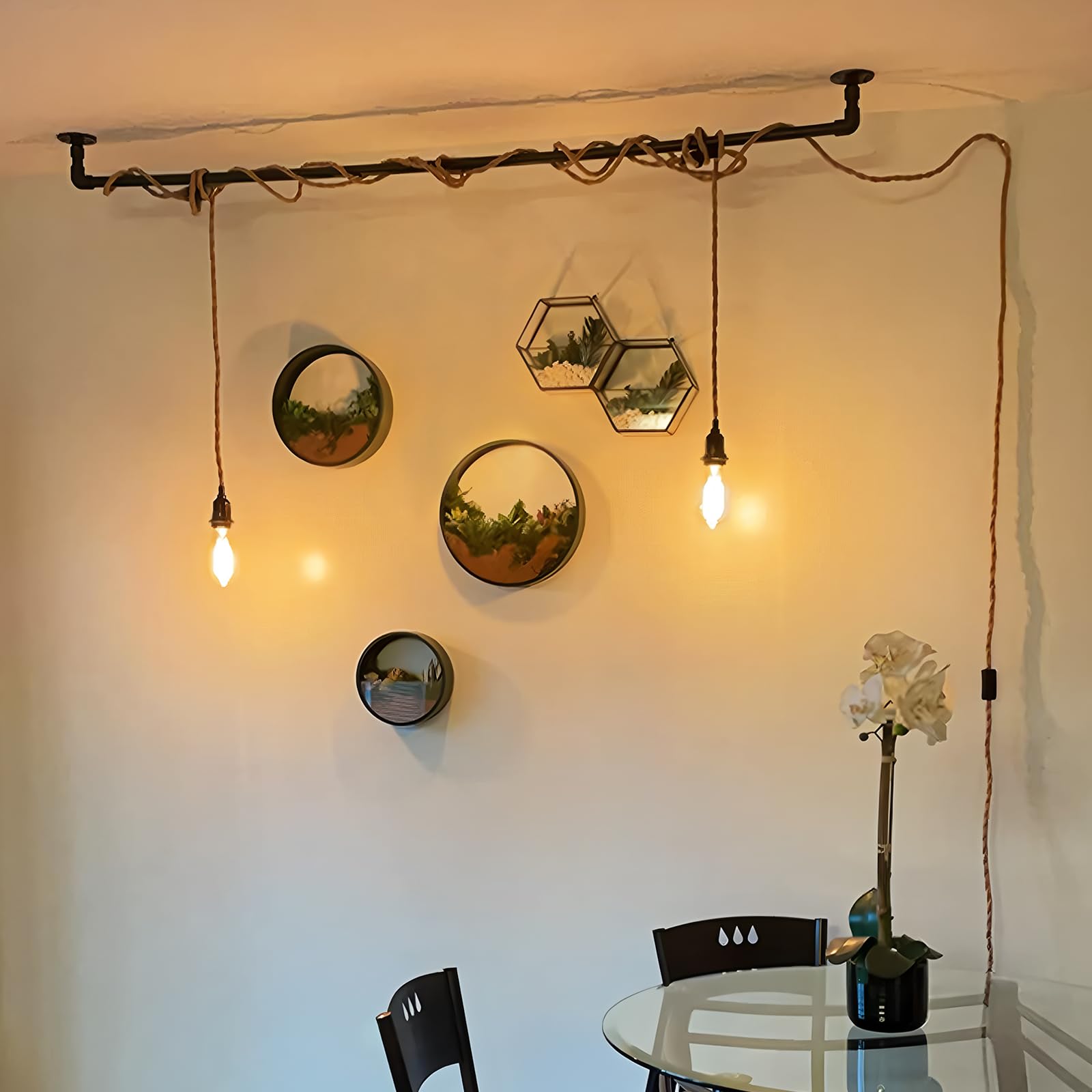 Hanfseil Pendelleuchte mit Stecker 2 Flammig E27 Fassung mit 6M Textilkabel Pendellampe Kit mit Schalten und Eu Stecken Vintage Seil Lampe DIY Hängeleuchte für Esszimmer Schlafzimmer
