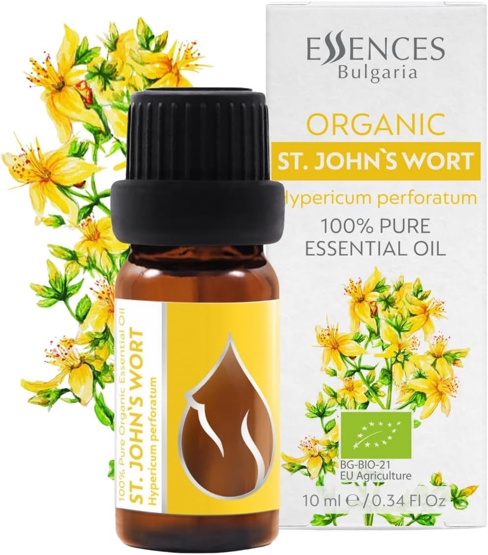 Essences Bulgaria Organic St. John's Wort Essential Oil 10ml | Hypericum perforatum | 100% Pure and Natural | Undiluted | Therapeutic Grade | Family Owned Farm | Steam-Distilled | Non-GMO | Vegan