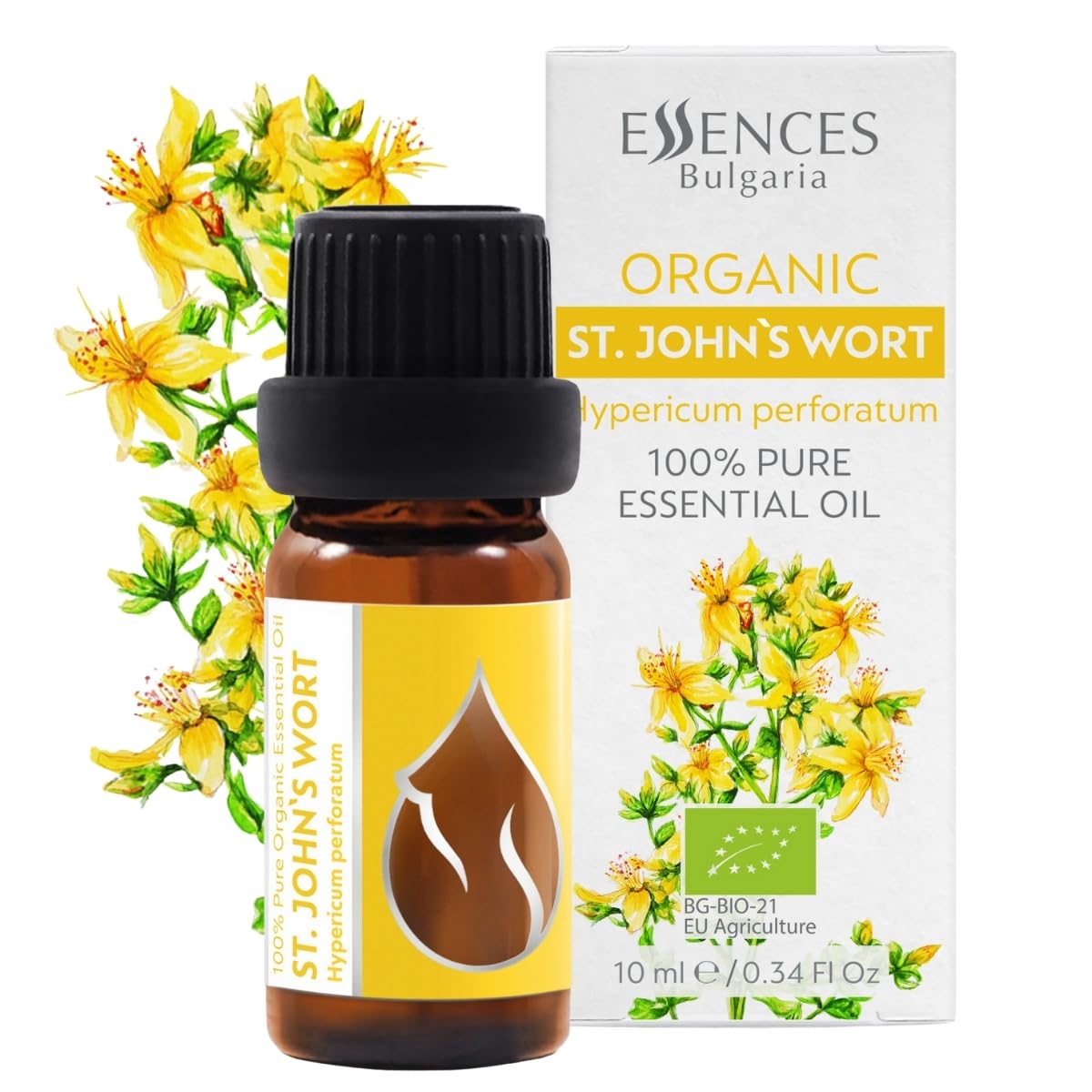Essences Bulgaria Organic St. John's Wort Essential Oil 10ml | Hypericum perforatum | 100% Pure and Natural | Undiluted | Therapeutic Grade | Family Owned Farm | Steam-Distilled | Non-GMO | Vegan