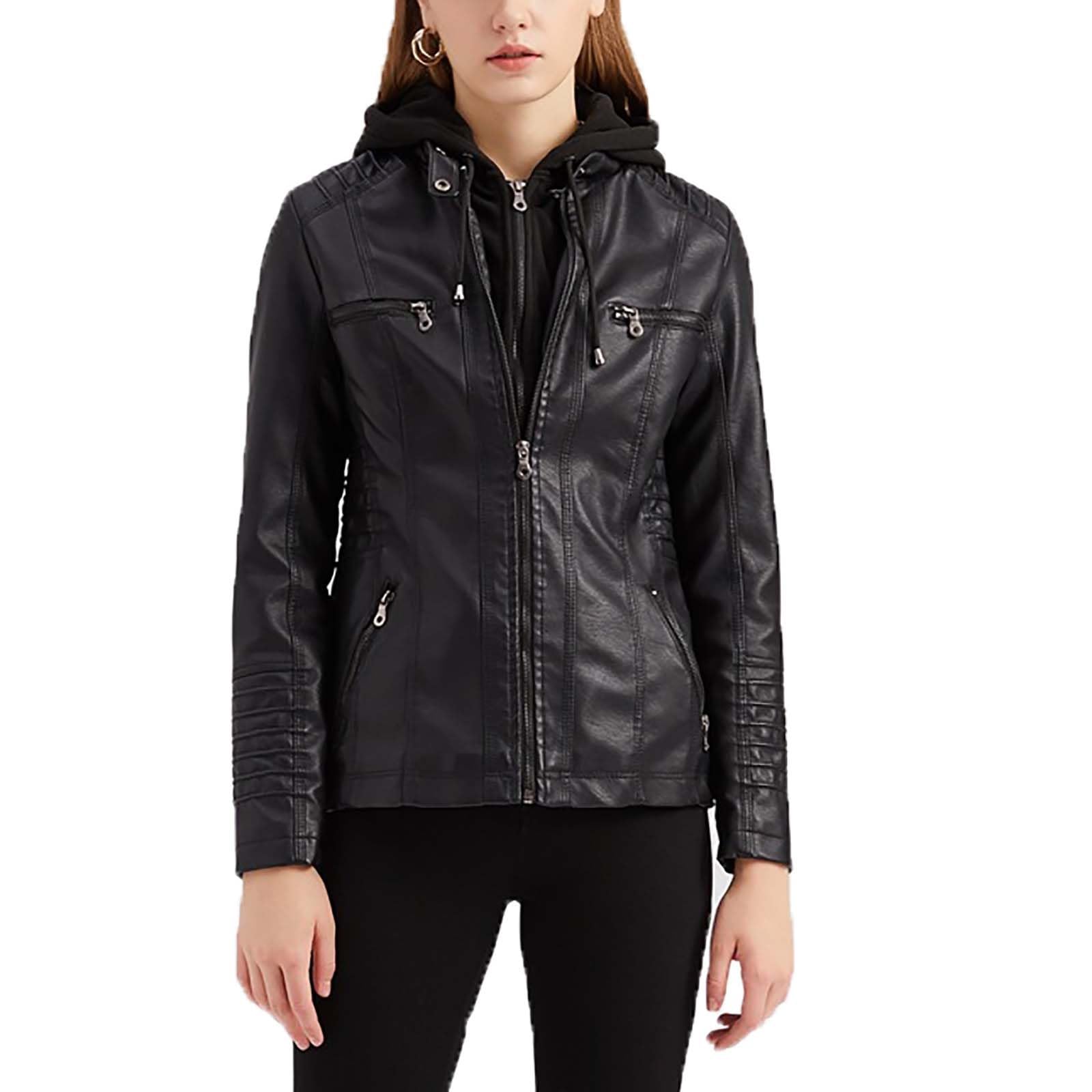 SIYAN Chaqueta De Cuero Estilo Motera For Mujer, Chaqueta Con Capucha, Chaqueta De Motociclista, Chaqueta De Cuero Sintético Ajustada Y Moderna, Chaqueta Funcional Y Moderna Con Capucha