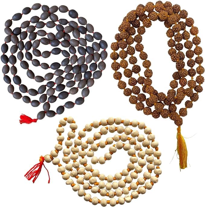 Mythology Centre (Pack of 4) Tulsi Japa Mala, Kamal Gatta Mala (Lotus Seeds), Original Vaijanti Mala & Crystal/Sphatik Agate Mala White Bead 108+1 Beads