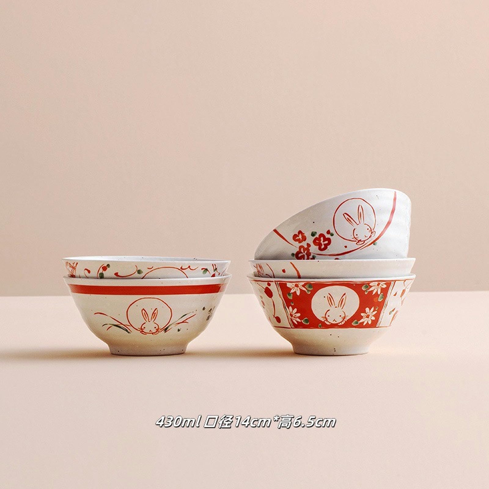CAPIJIONG Süßes Kirschblüten-Hasen-Keramiktasse, handgezeichnetes Cartoon-Nachmittagstee-Set – Windblume, Schneehase, fünfteiliges Schüssel-Set (groß)