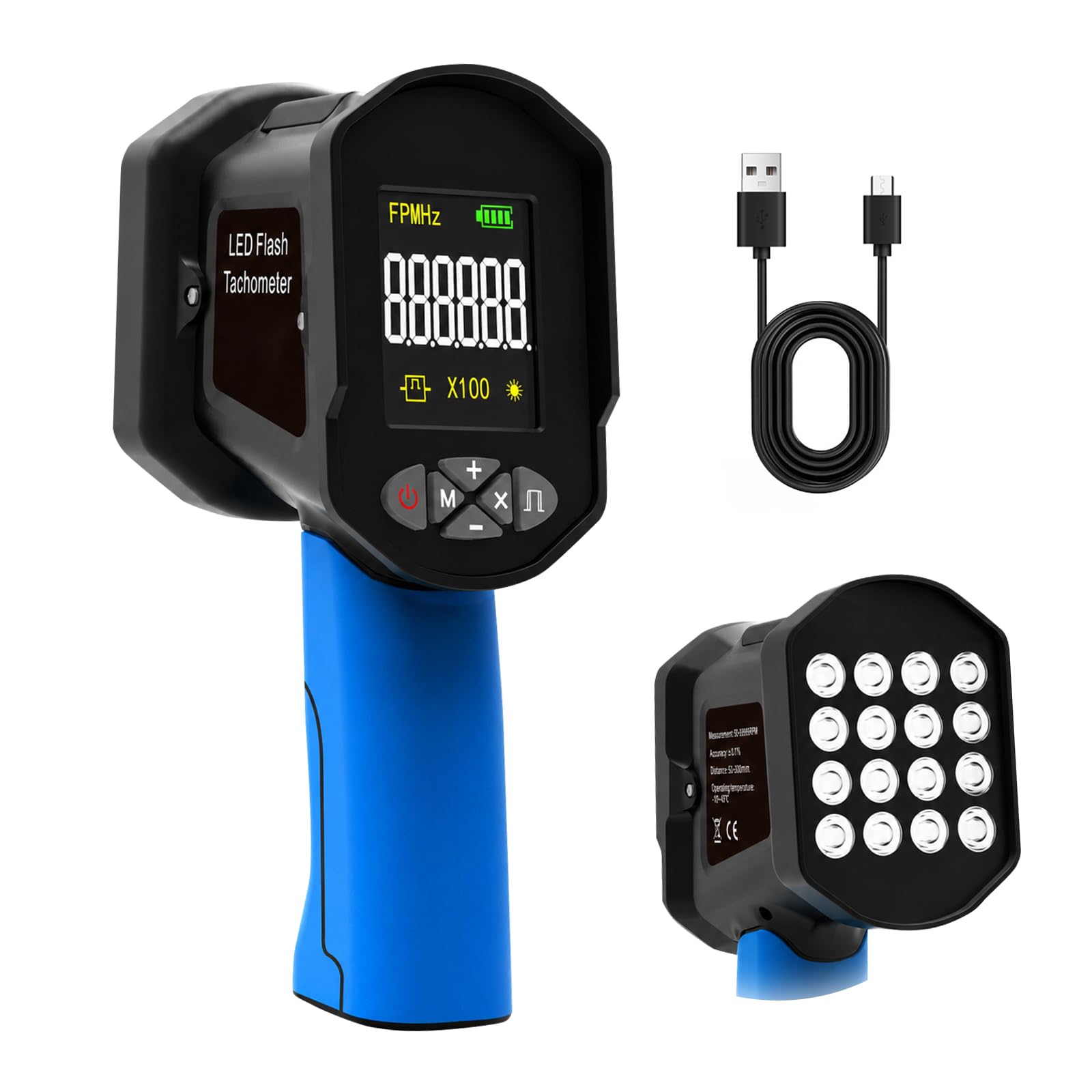 60-100000 U/min Digital Strobe Tachometer, berührungsloser Handheld LED Stroboskop mit 0.001% Genauigkeit der Geschwindigkeitsmessung, 1500LUX, 16 LEDs, USB-aufladbar, LCD-Display für Motoren, Lüfter