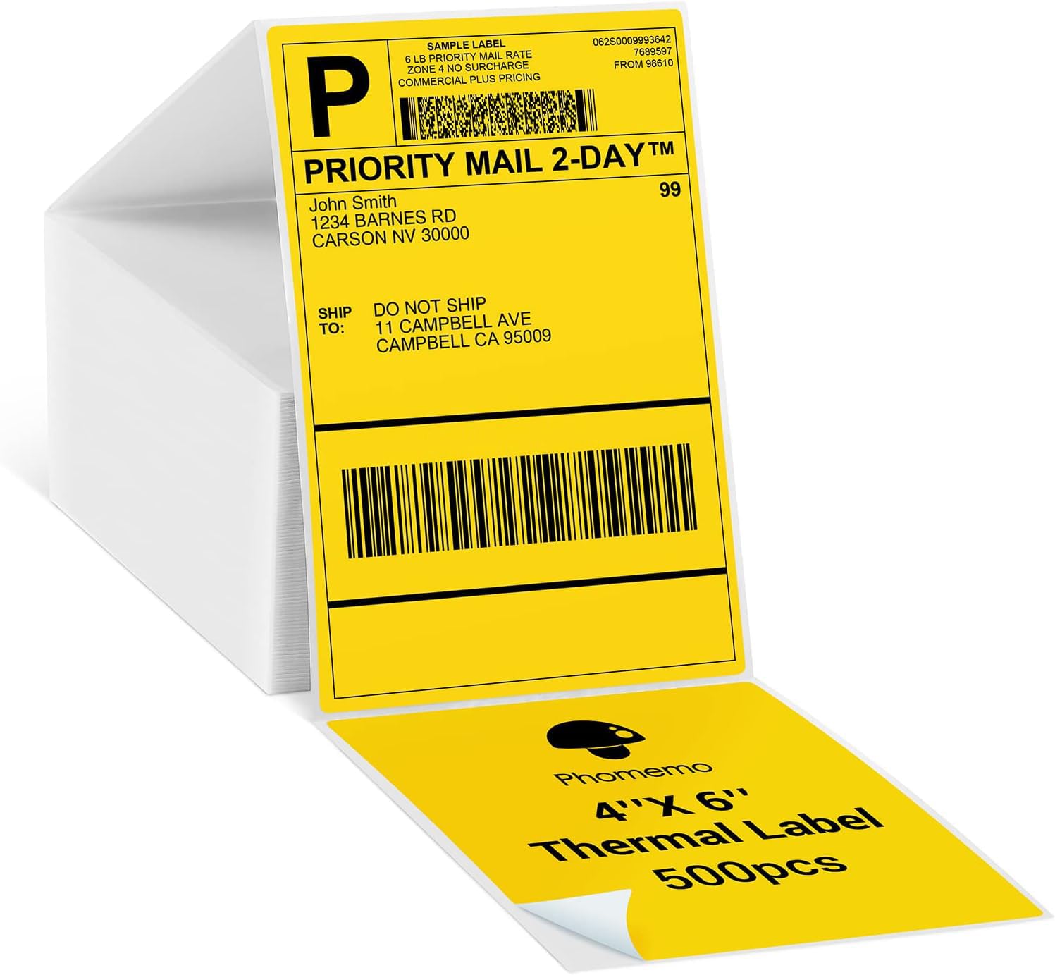 Phomemo Yellow Shipping Labels- 4X6'' Thermal Labels -Fan-Fold Label for Shipping Label Printer, Address, Product Logo, Barcode Thermal Paper, 500pcs