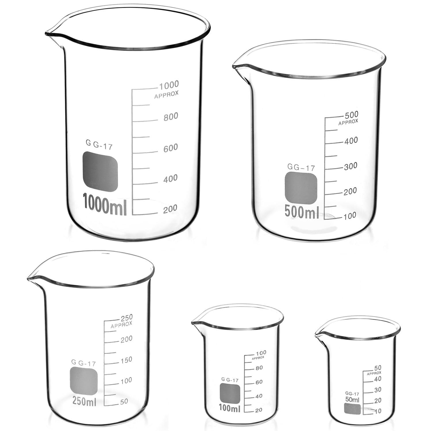 Zlewka laboratoryjna, 5-częściowy zestaw zlewek ze szkła borokrzemianowego o pojemności od 5 ml do 100 laboratorium i kuchni(50ml - 1000ml)