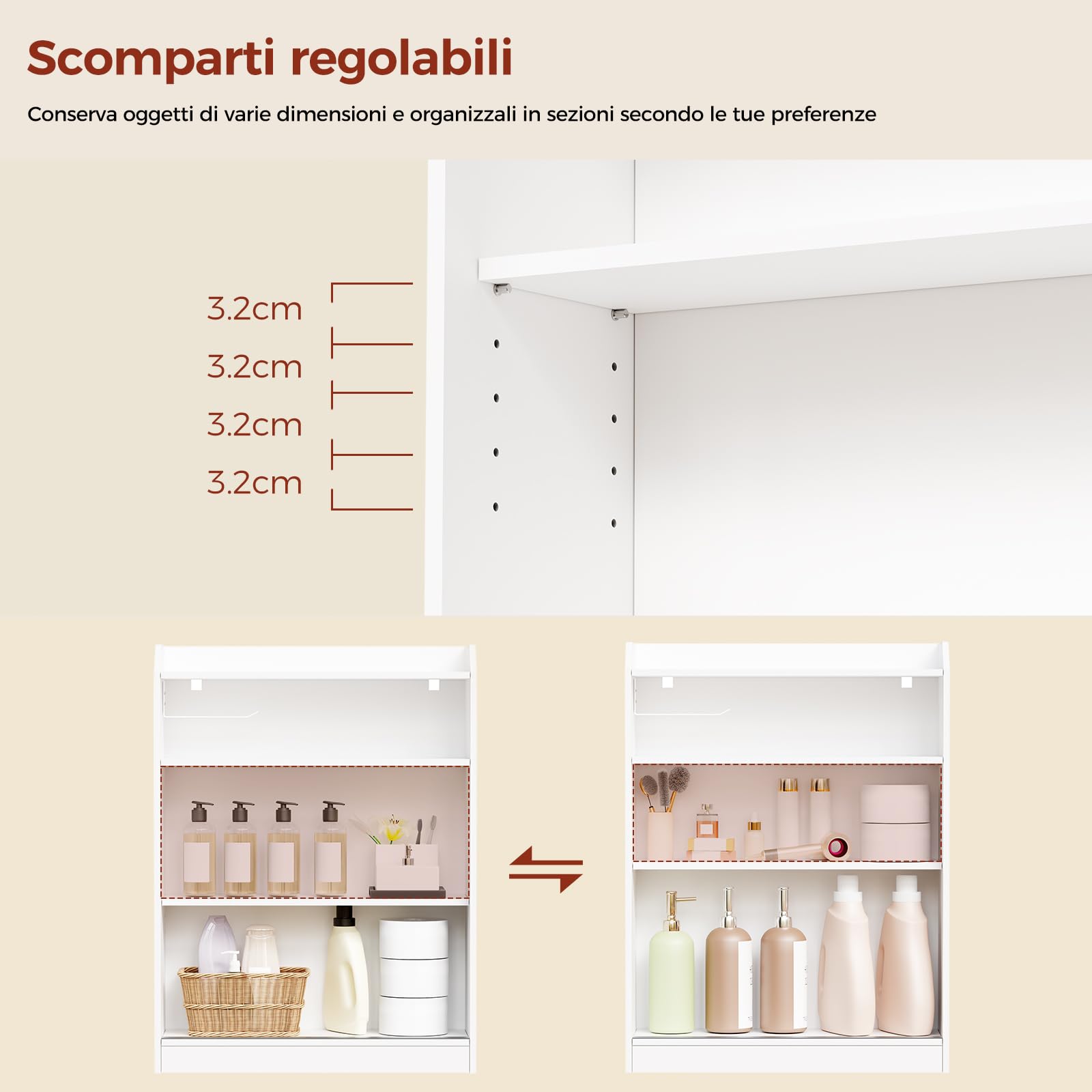 BEWISHOME Mobile da Bagno,Mobiletto Bagno Salvaspazio con Ante Scorrevoli,Maniglie Incassate,Portarotolo e Ripiani Regolabili,Accanto al Water,20x60x80 cm,Bianco EYYG16W