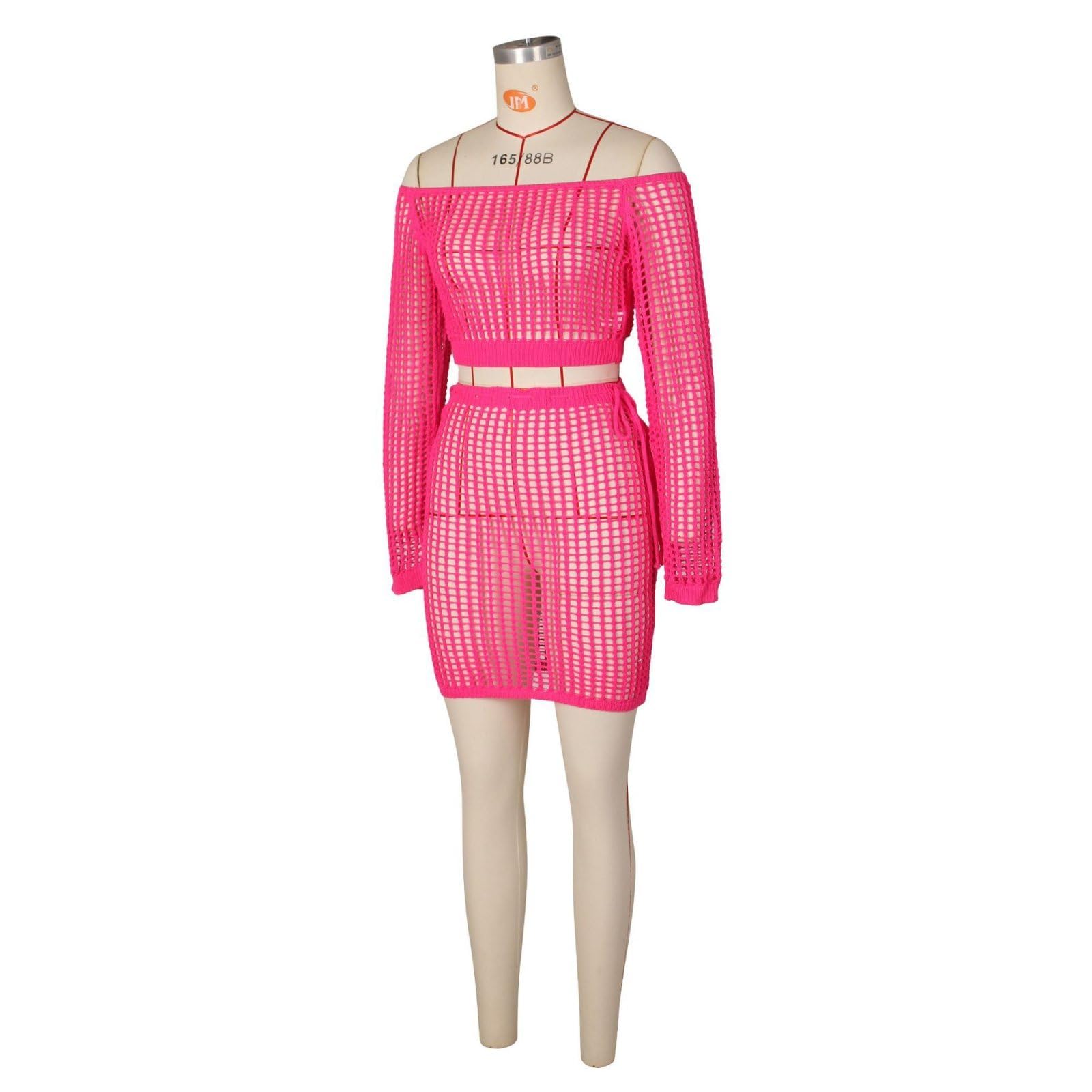 Donne Uncinetto Coprire Due Pezzi Abiti Manica Lunga Crop Top E Coulisse Mini Gonne