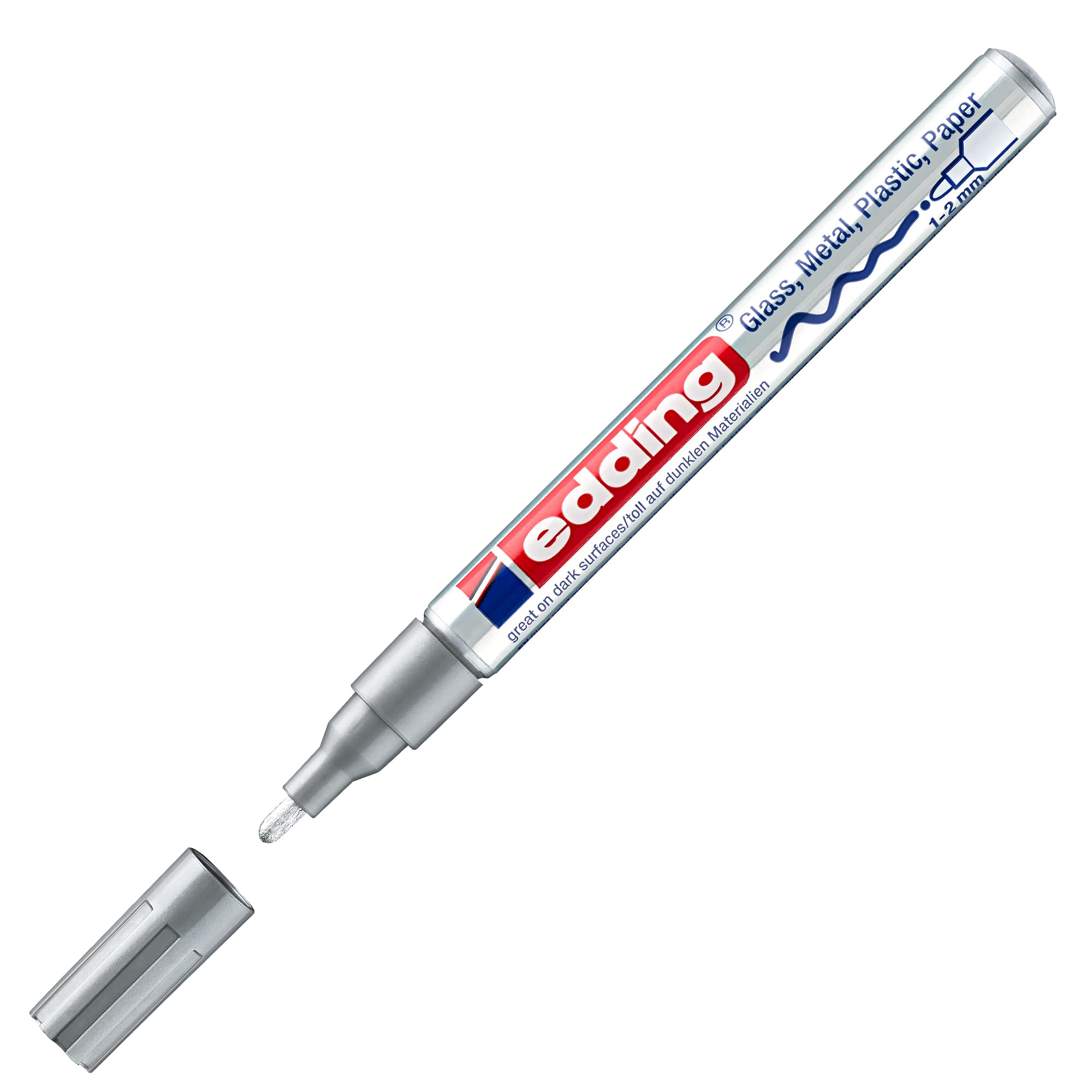 edding 751 marcador de tinta opaca brillante - plata (metálico) - 1 rotulador - punta redonda 1-2mm - rotulador brillante efecto lacado para vidrio, piedras, madera, plástico, papel - color permanente