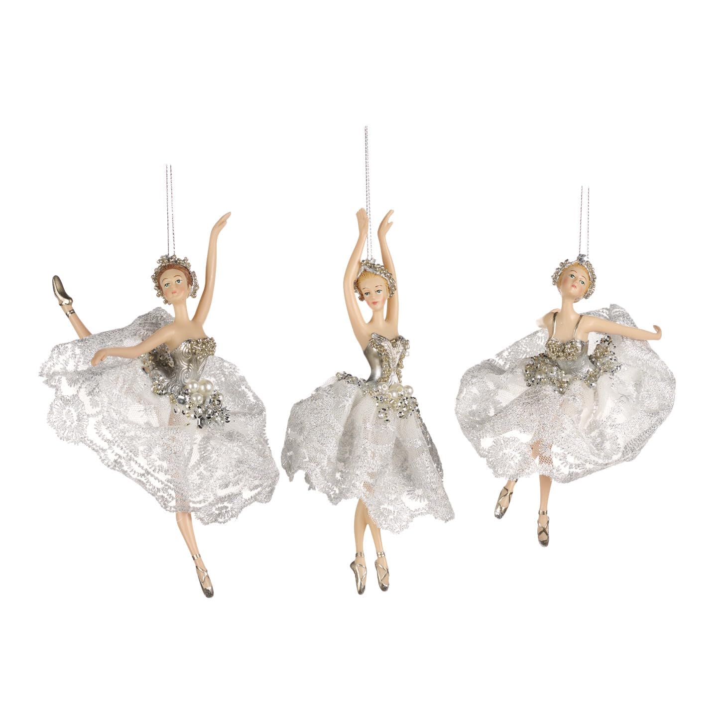 Goodwill Resin & Fabric White & Silver Lace & Pearl Ballerina's 19cm Hanging Christmas Ornament -Set of 3