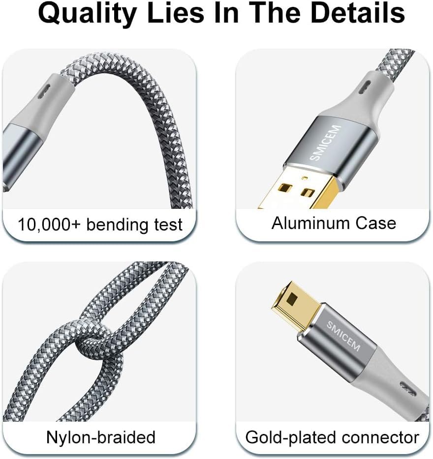 Mini USB Cable USB 2.0 High Speed Cable Type A to Mini B Data Charging Cable 2.4 A Compatible with Digital Camera, Hero 3/4, Hero HD, PS3 Controller, Dash Cam, Nikon, MP3, MP4, GPS, Data Sync, 6.6ft