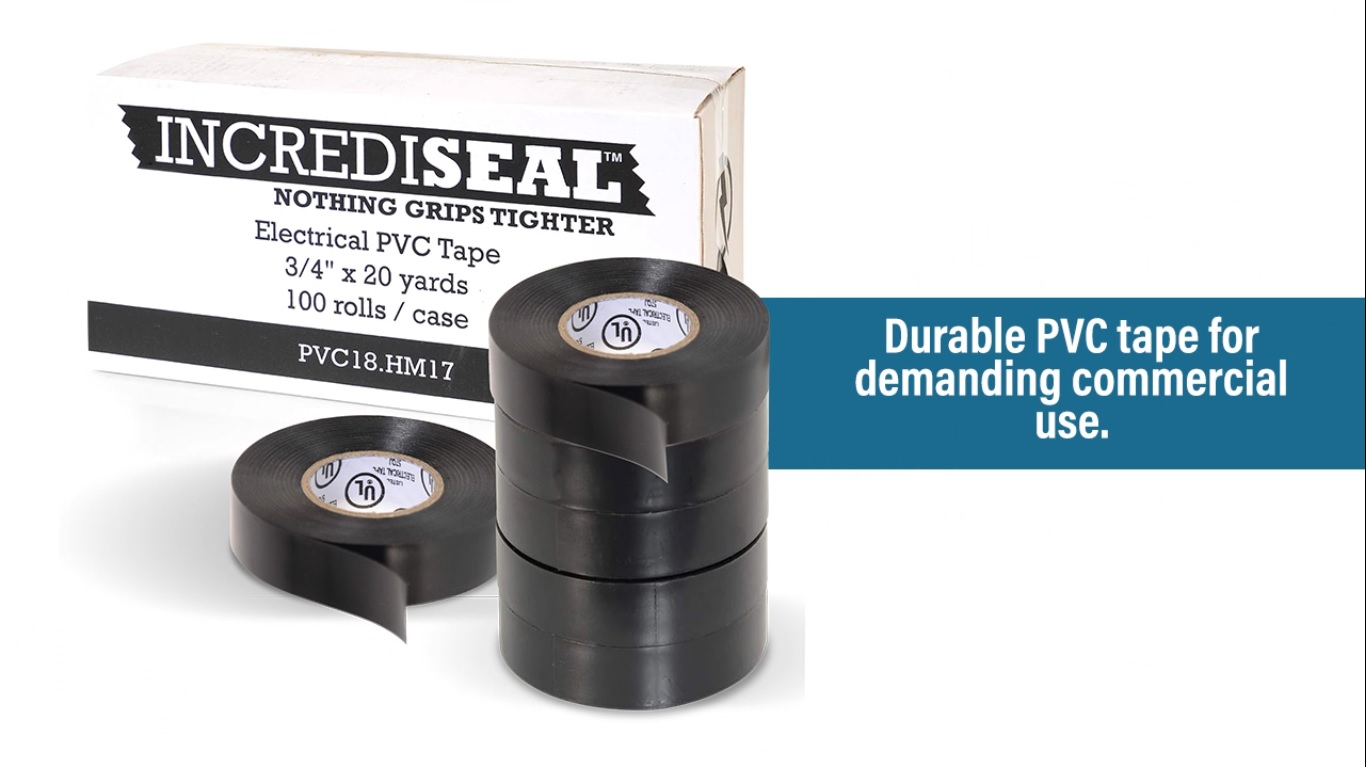 Image of IncrediSeal Black 3 /4 inch PVC Electrical Tape, 20 Yds, 7.0 Mil, Commercial, Water Resistant, Flame Retardant, Plastic, Vinyl, UL Approved, 600V (10 Rolls)