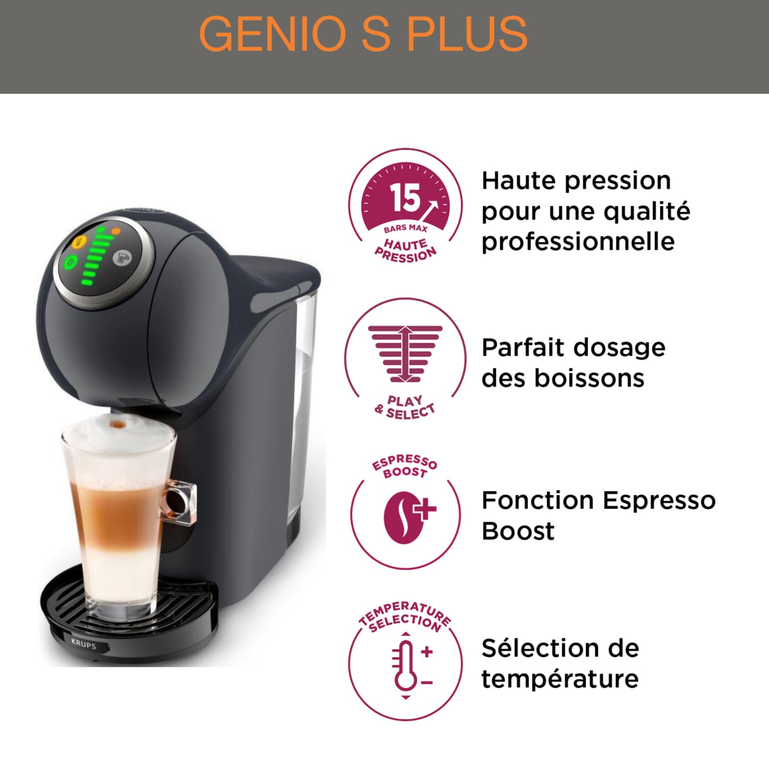 Nescafé Dolce Gusto Krups Genio S Plus Machine à café capsules 15 bars 0,8 L gris KP340B10