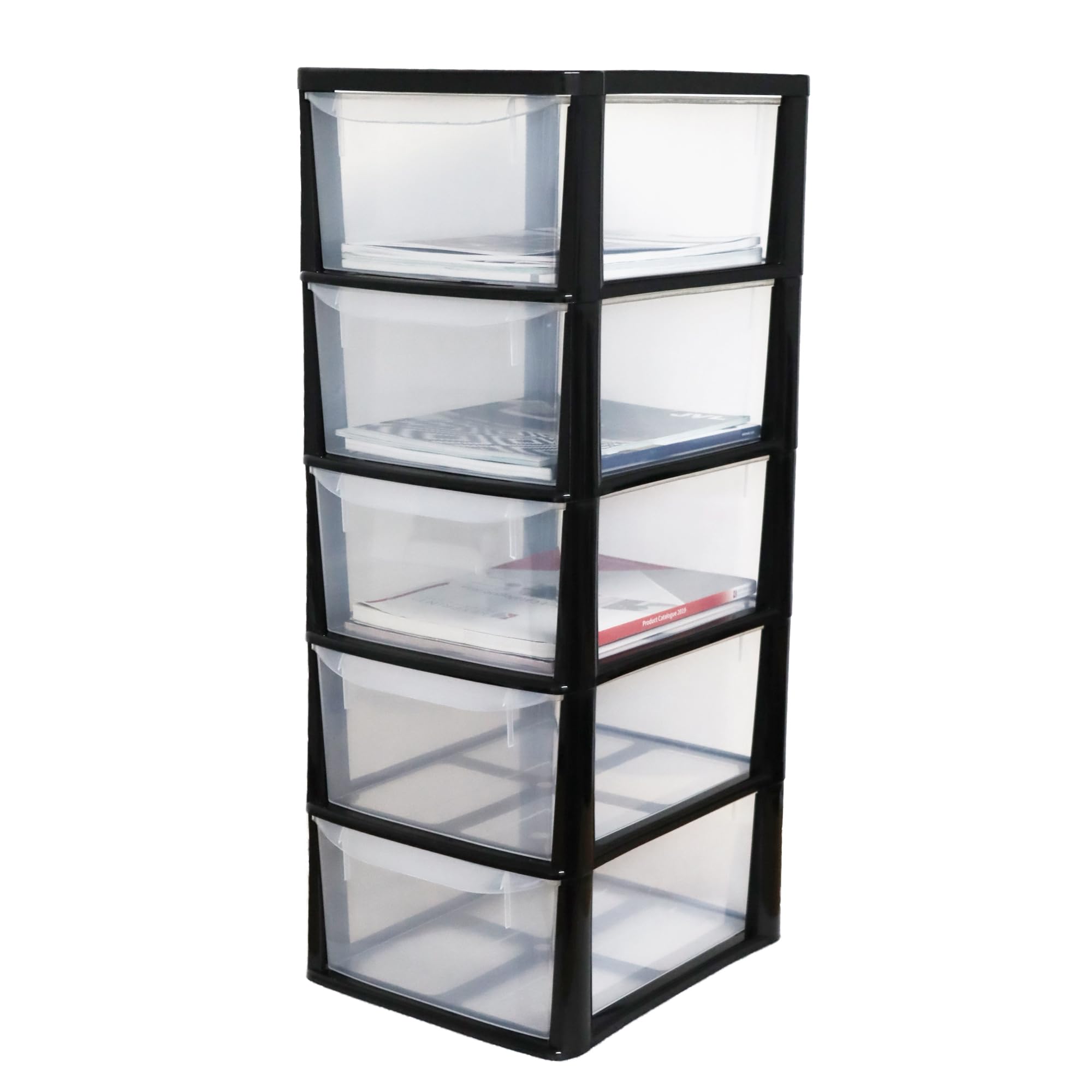 SIDSONS A4 Plastic Storage Drawers Unit 5 Drawers Tower Medium Slimline Tall for Home, School, Office, Bedroom & Living Room Garage With Clear Drawers Height 77cm Depth 35cm Width 29cm โ image 1