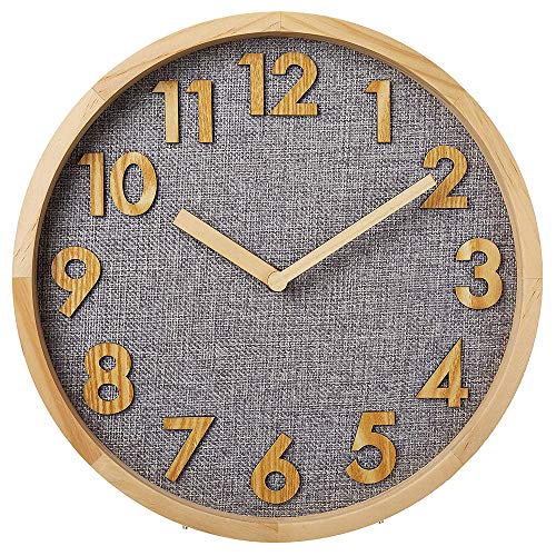 Moderne einfache Wanduhr, Quartz Glass Clock Silent 3D Holz Zahlen anzeigen, Holzrahmen mit Leinen Gesicht Uhr für Home Office Klassenzimmer
