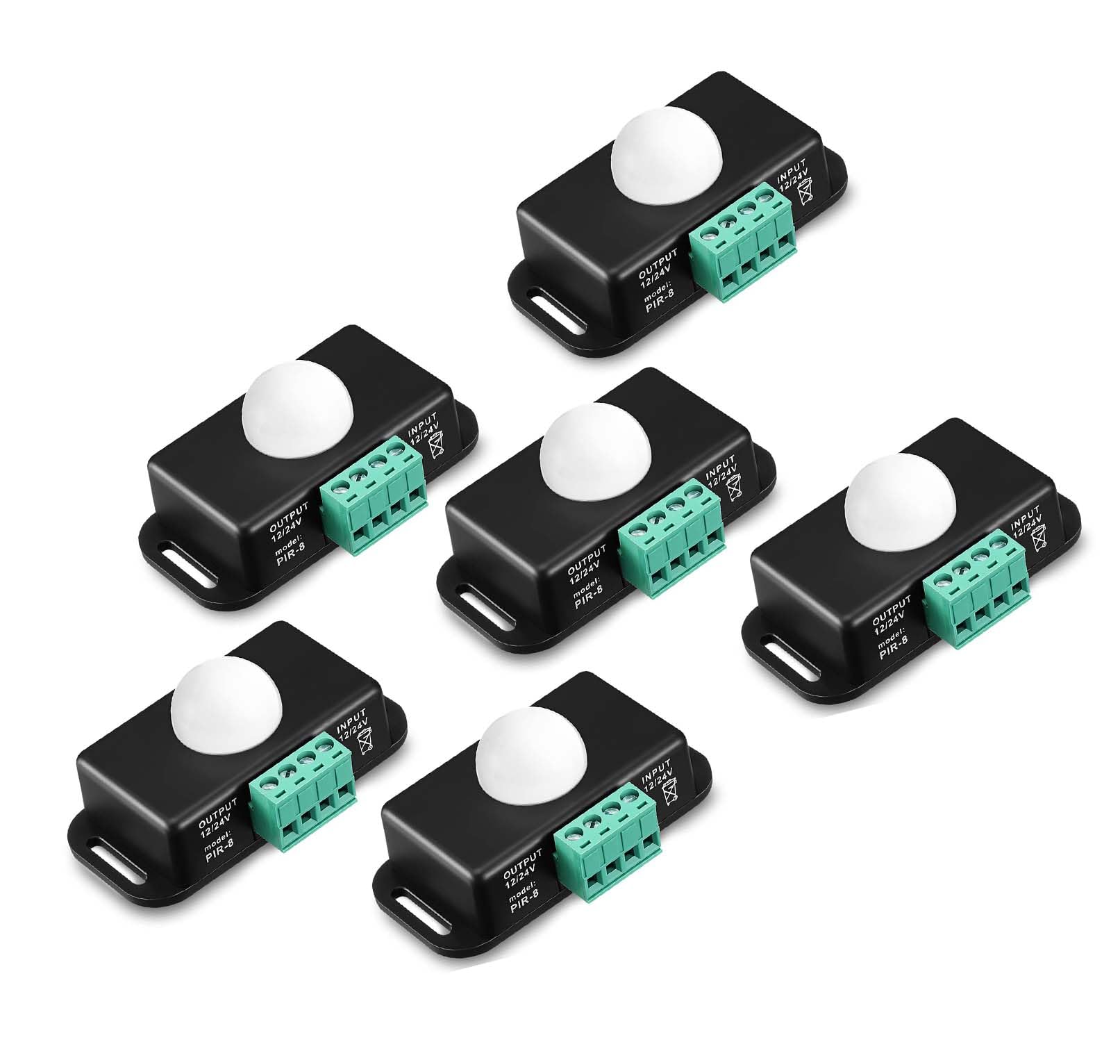 Lot de 6 détecteurs de mouvement PIR - 12 V/24 V - Détecteur infrarouge LED réglable avec sondes intégrées pour bandes lumineuses flexibles - Noir