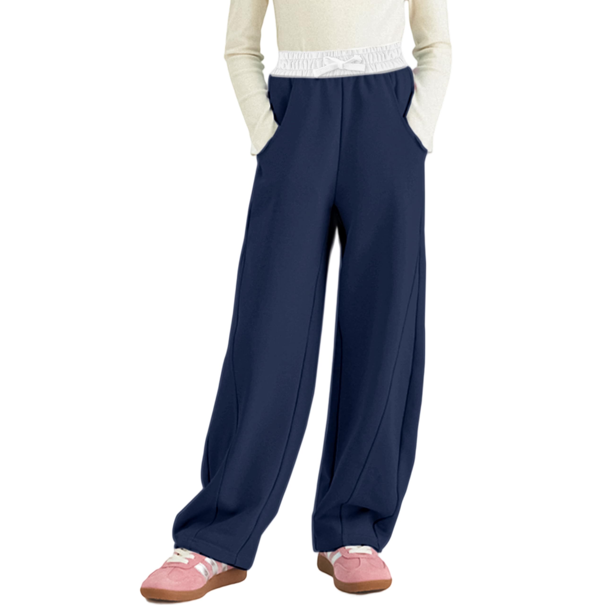 Rolanko Pantalones Deportivos para Niñas con Cintura Elástica Ajuste Holgado, Comodidad Casual para Niños, Marino Blanco, 8-9 Años