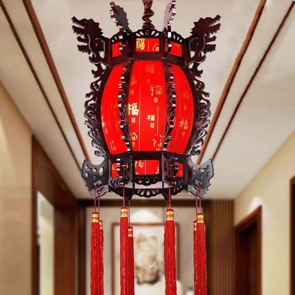 LIOONS Chinese Lanterns Antique Octagonal Lamp Wooden Lantern Carved Dragon Lamp Tea Chandelier Indoor Lighting Paper Lantern Lamp
